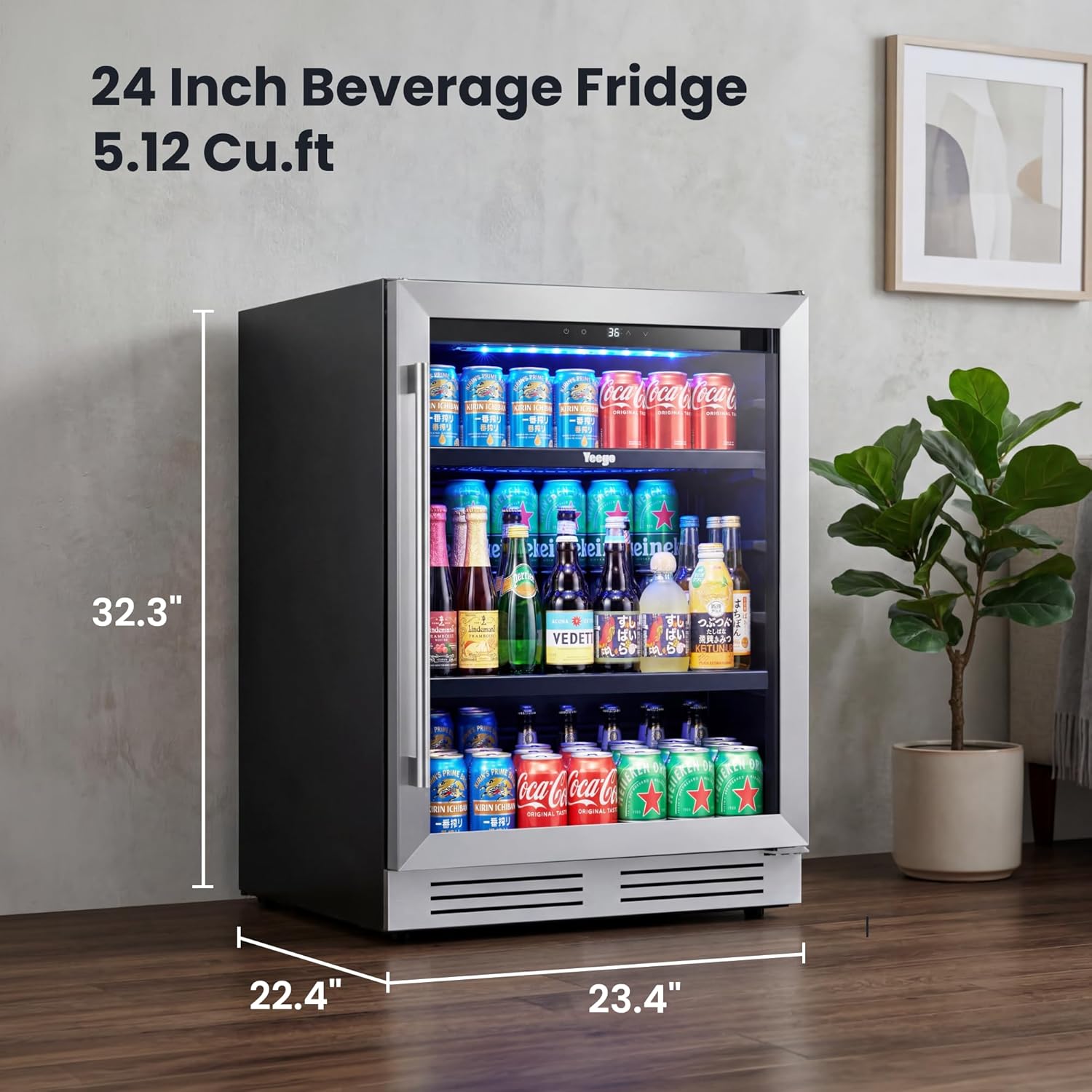 Yeego Beverage Refrigerator & Drink Fridge - 24 inch 180 Cans Beer Cooler Glass Door, 34-54℉ Under Counter Refrigerator Built-in for Drink Soda Wine for Bar Office Bedroom