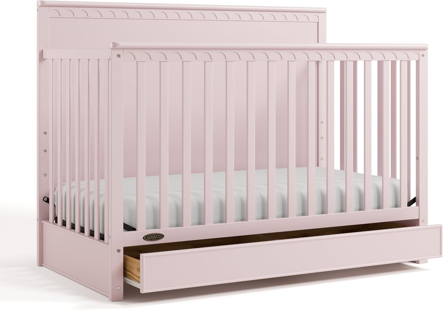 Graco Sasha 5-in-1 Convertible Crib with Drawer – GREENGUARD Gold Certified Wood Crib, Converts to Toddler Bed, Daybed, Full-Size Bed, Stylish Classic Design (Blush)