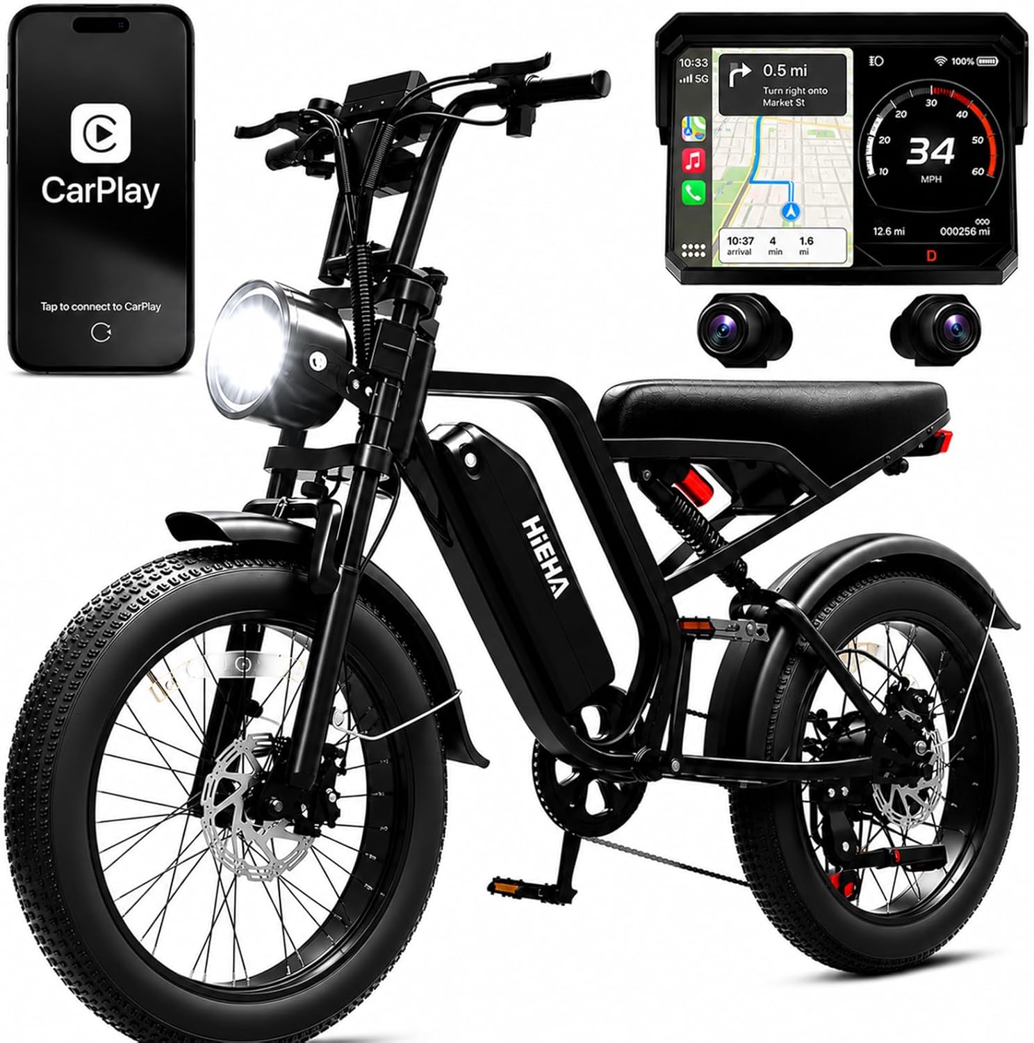 Electric Bike for Adults, 1500W Peak Motor Fat Tire Ebike 34 MPH 60 Miles Range with Apple CarPlay & Android Auto, 20