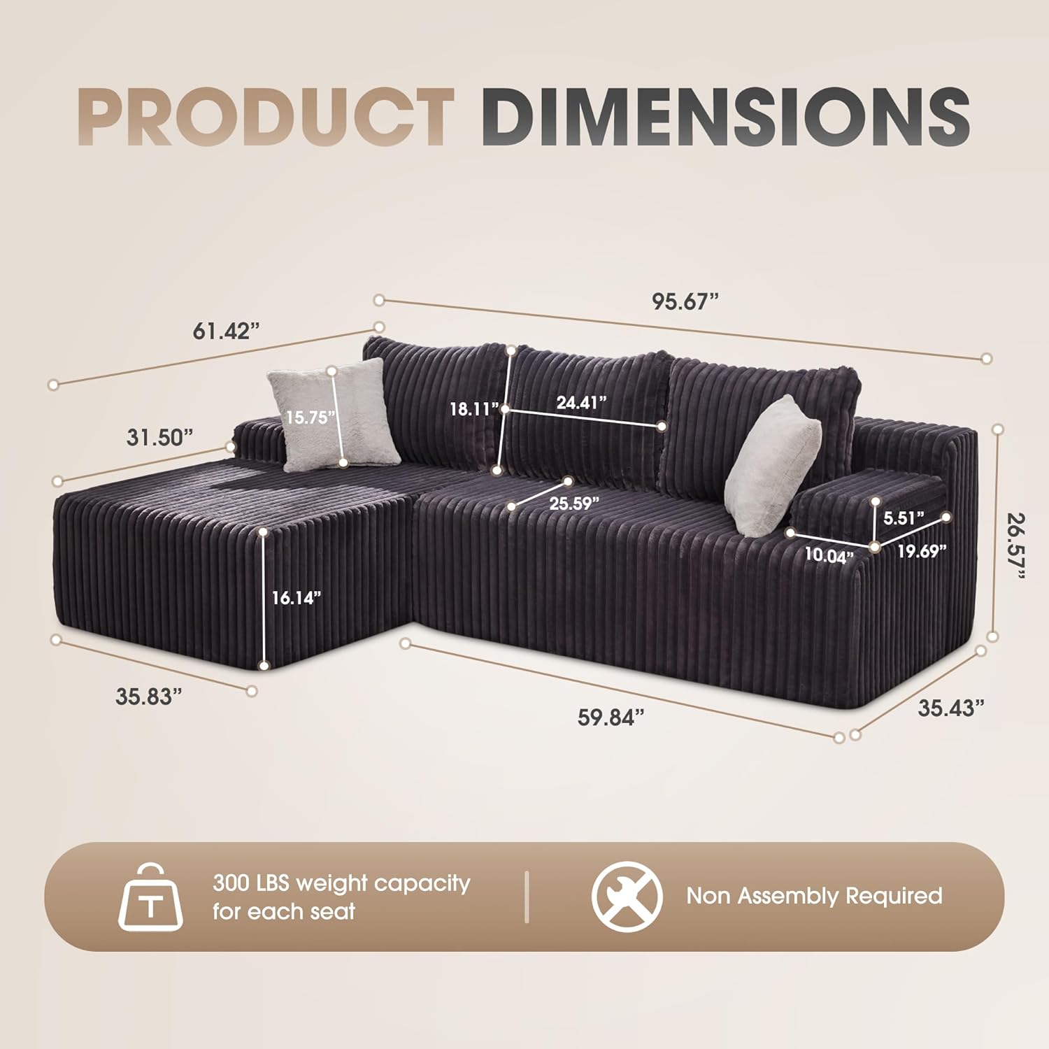 Hobestluk Modular Sectional Sofa Couches L-Shape Couch 3 Seat Modular Sofa Memory Foam Sectional Couches for Living Room, Cloud Couch with Oversized Chaise (96