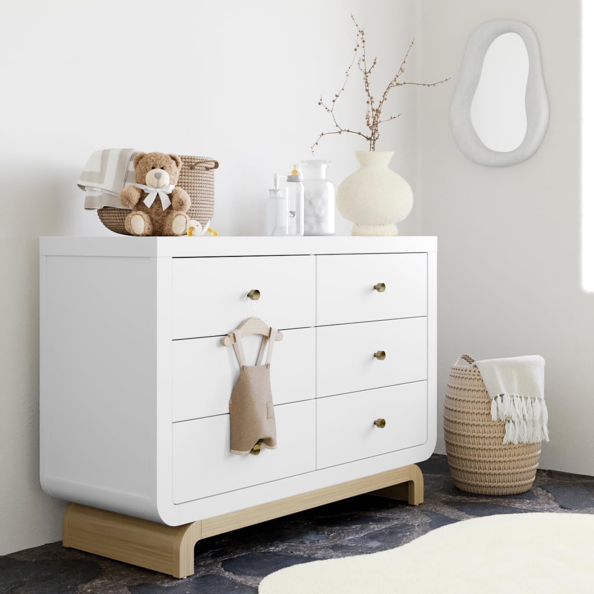 Storkcraft Santorini 6 Drawer Double Dresser (White with Driftwood) - GREENGUARD Gold Certified, Interlocking Drawer System, Dresser Drawer Organizer for Kids Bedroom