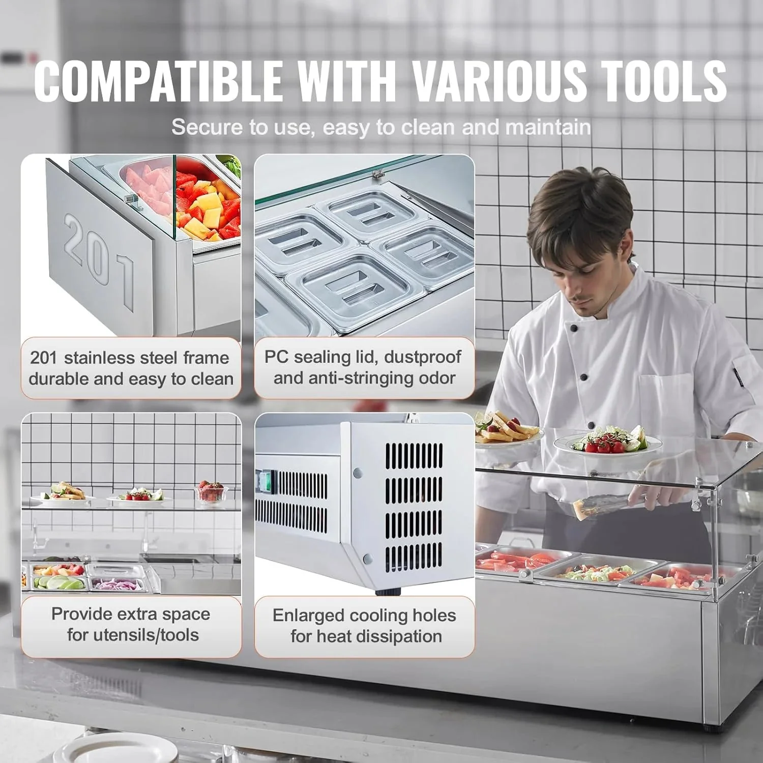 Refrigerated Condiment Prep Station, 135 W Countertop Refrigerated Condiment Station, with 2 1/3 Pans & 4 1/6 Pans, 304 Stainless Body and PC Lid, Sandwich Prep Table with Stainless Guard, ETL