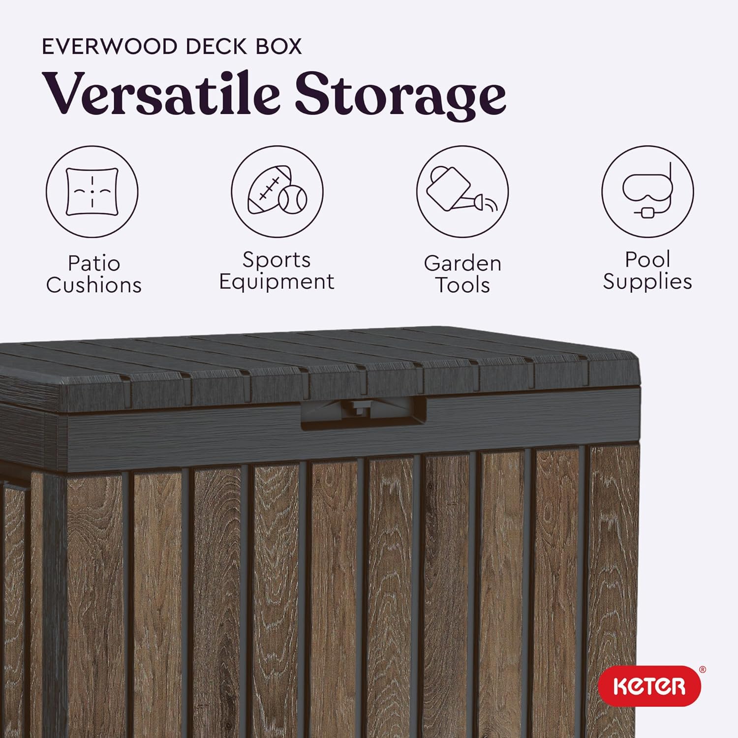 Keter Signature Everwood 50 Gallon Resin Deck Box-Organization and Storage for Patio Cushions, Throw Pillows and Garden Tools, Walnut