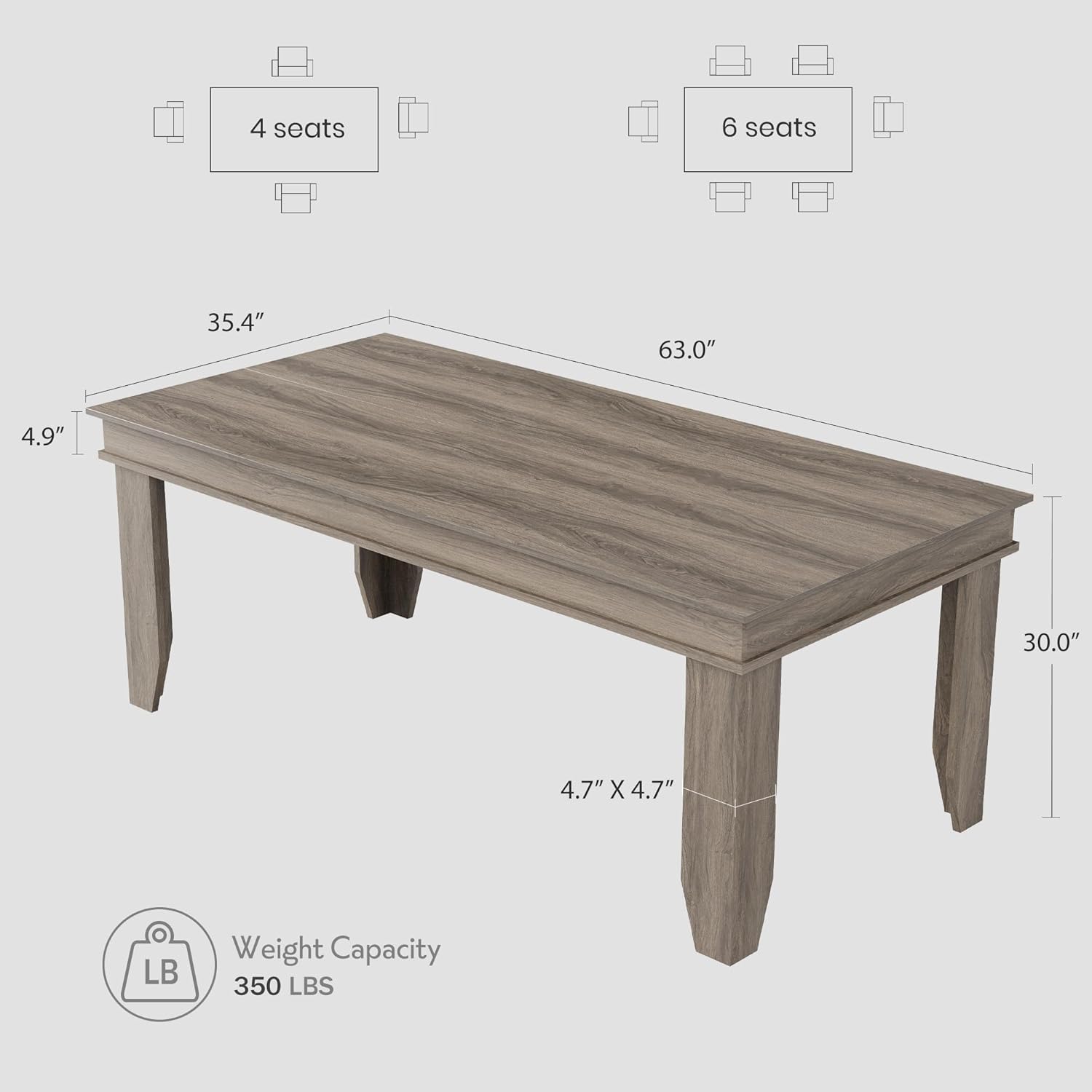 GarveeHome Farmhouse Dining Table for 4-6 People, 63 in Long Kitchen Tables with Wooden Sturdy Frame, 5 ft Large Rectangular Dinner Table for Dining Room, Kitchen, Grey Walnut, 63