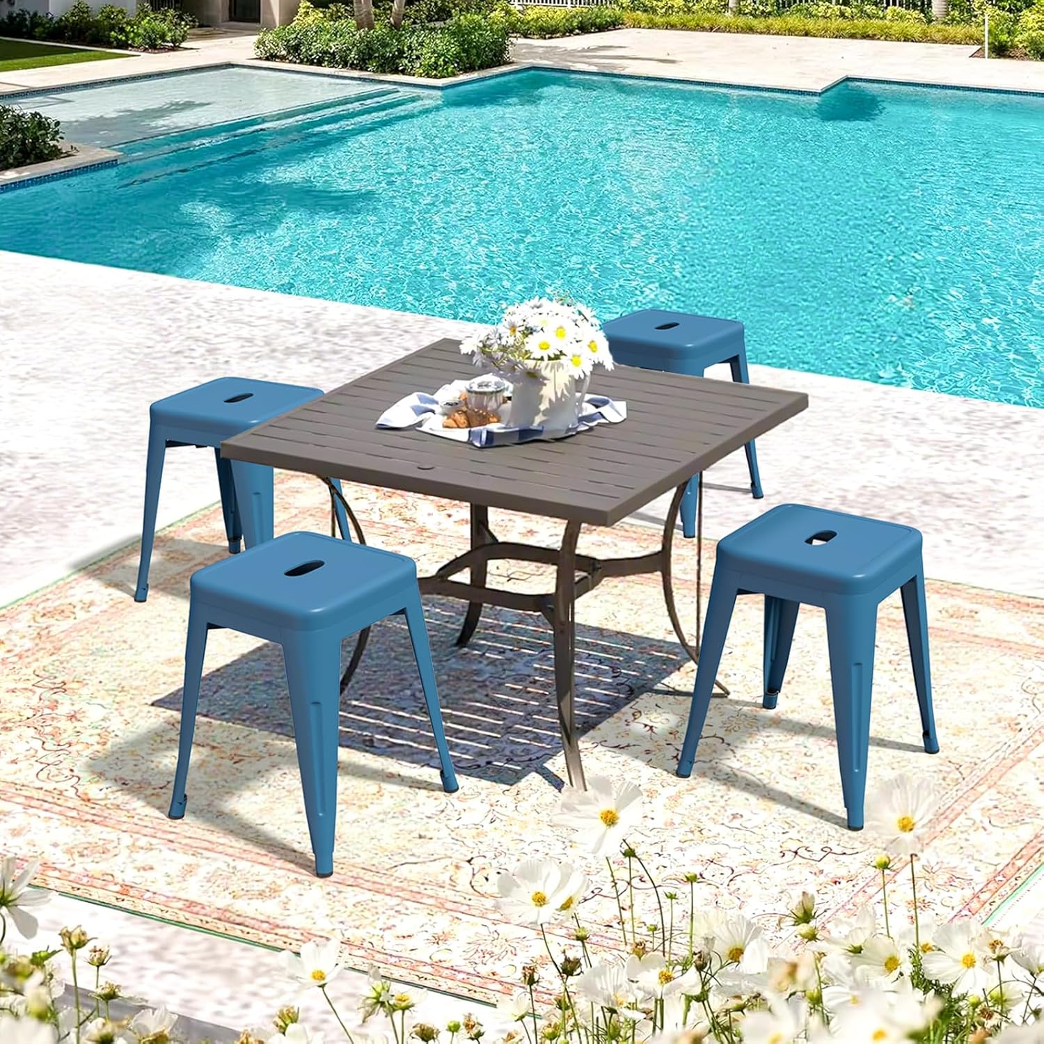 Vogue Furniture Direct 18 inch Industrial Metal Bar Stools, Counter Height Industrial Stools, Stackable Backless Design for Kitchen Island, Bar & Patio, Indoor/Outdoor Use (4, Deep Blue)
