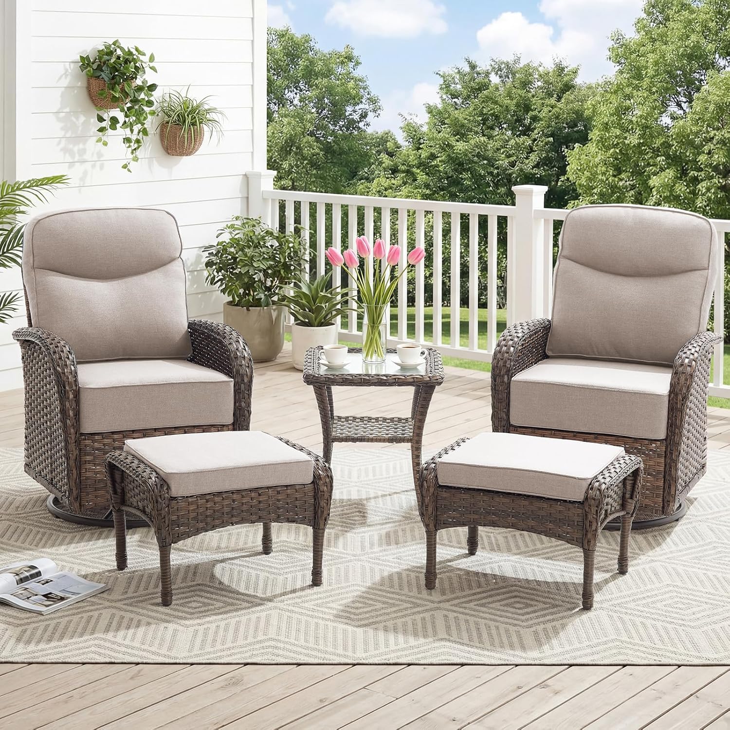 Outdoor Swivel Rocking Chair Patio Set (5-Piece), High-Back - Thick Cushion Swivel Rocking Chair Patio Set, All-Weather Wicker Patio Furniture Set, Suitable for Balcony Patios, Brown/Beige