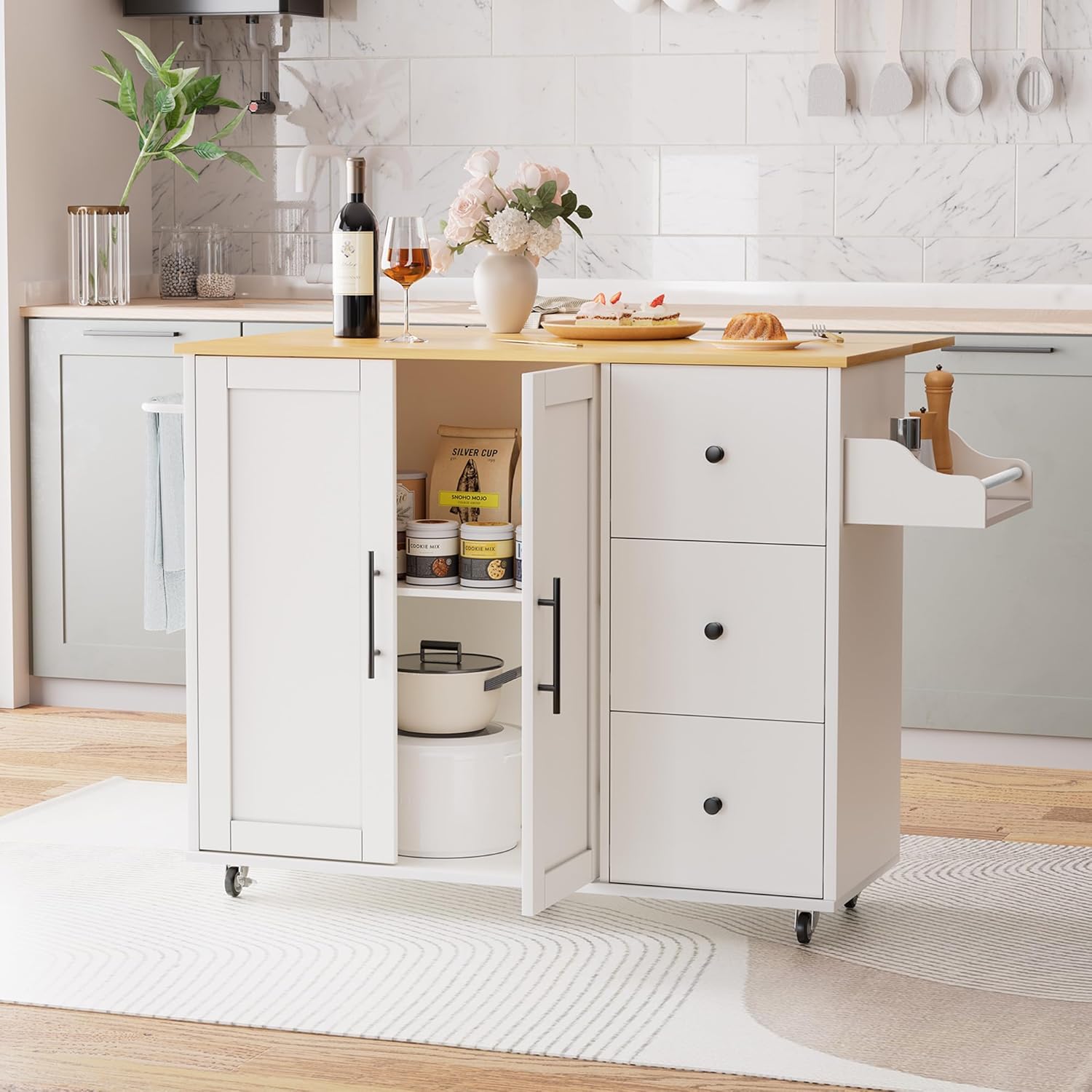 GRUSIGN Kitchen Island on Wheels with Storage-Multifunctional Kitchen Island Cart with Drop Leaf, Rolling Island with Spice/Towel Rack,Expandable Island Table Kitchen,39.37