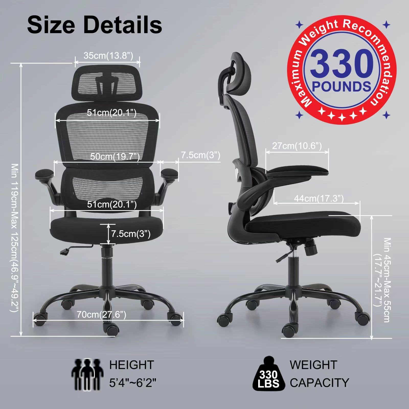 TRALT Ergonomic Office Chair with Wheels - 330 LBS Capacity