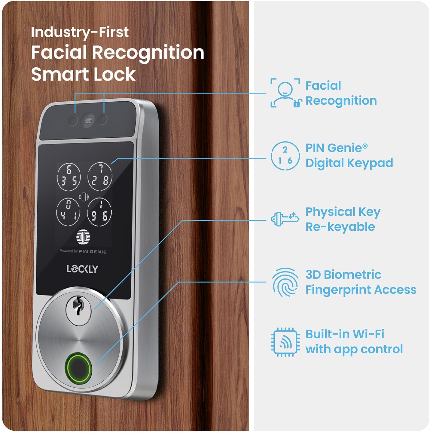 Lockly Visage Zeno Series Smart Lock, Facial Recognition & Fingerprint Keyless Entry Door Lock, Built-in Wi-Fi Deadbolt with Apple Home Key, PIN Genie Keypad, App Remote Control, Easy Installation