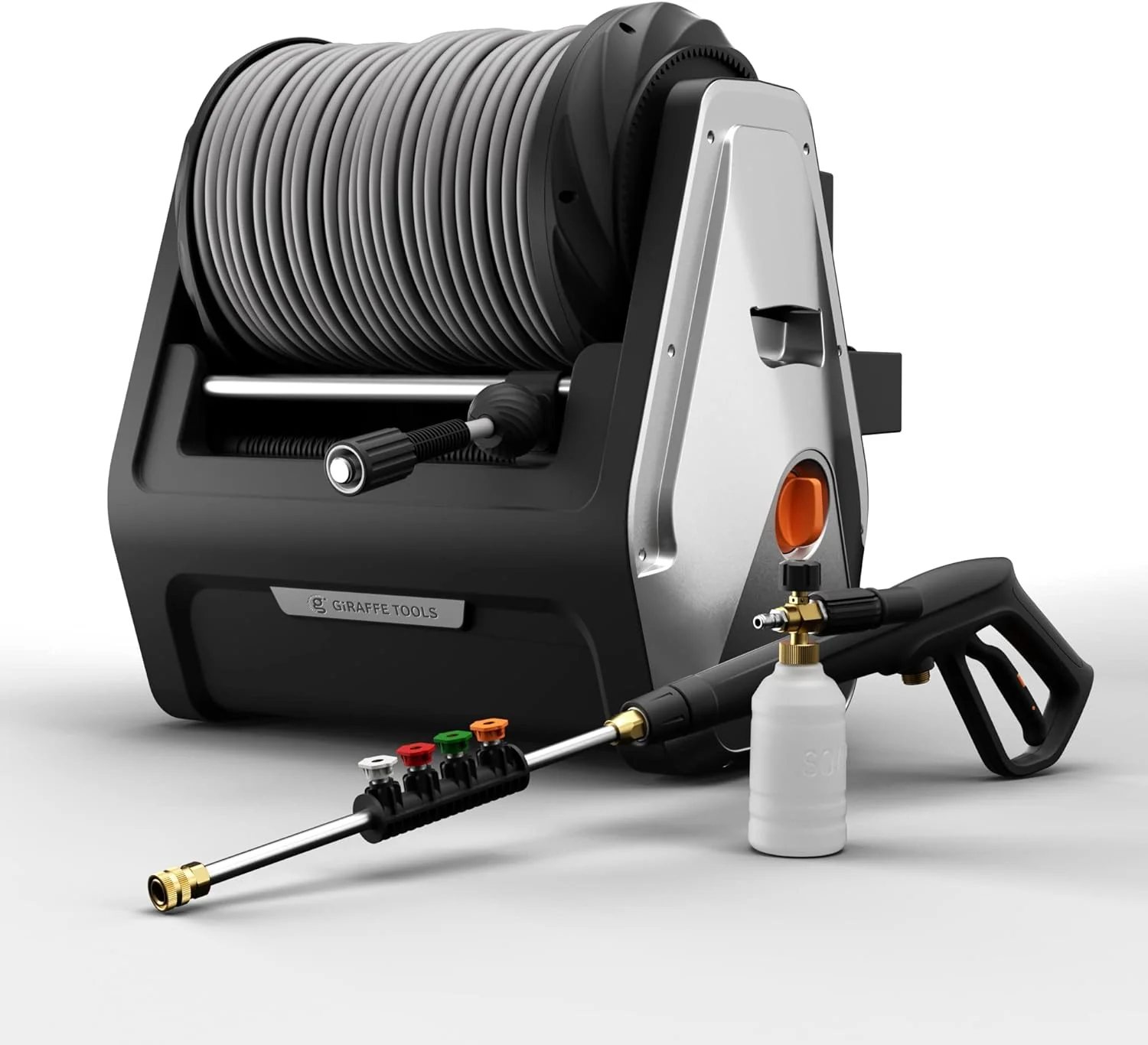Pressure Washer, Electric Wall Mounted Power Washer with 100FT Retractable Hose, Soap Tank and 4-Nozzle Set, Dark Silver
