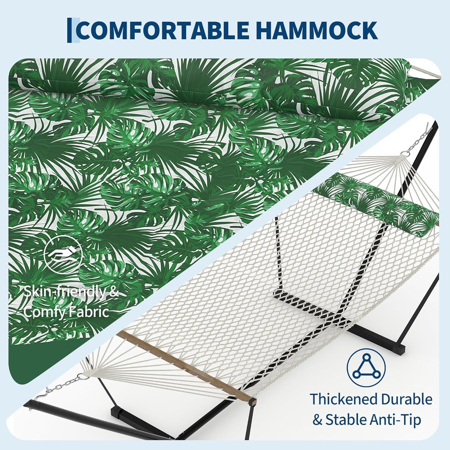 Green with Leaves Pattern 2 Person Hammock with Stand, 2 Person Hammock with Pillow, 450 LBS Capacity Heavy Duty Steel Stand, Freestanding Hammock for Patio, Backyard, Outdoor