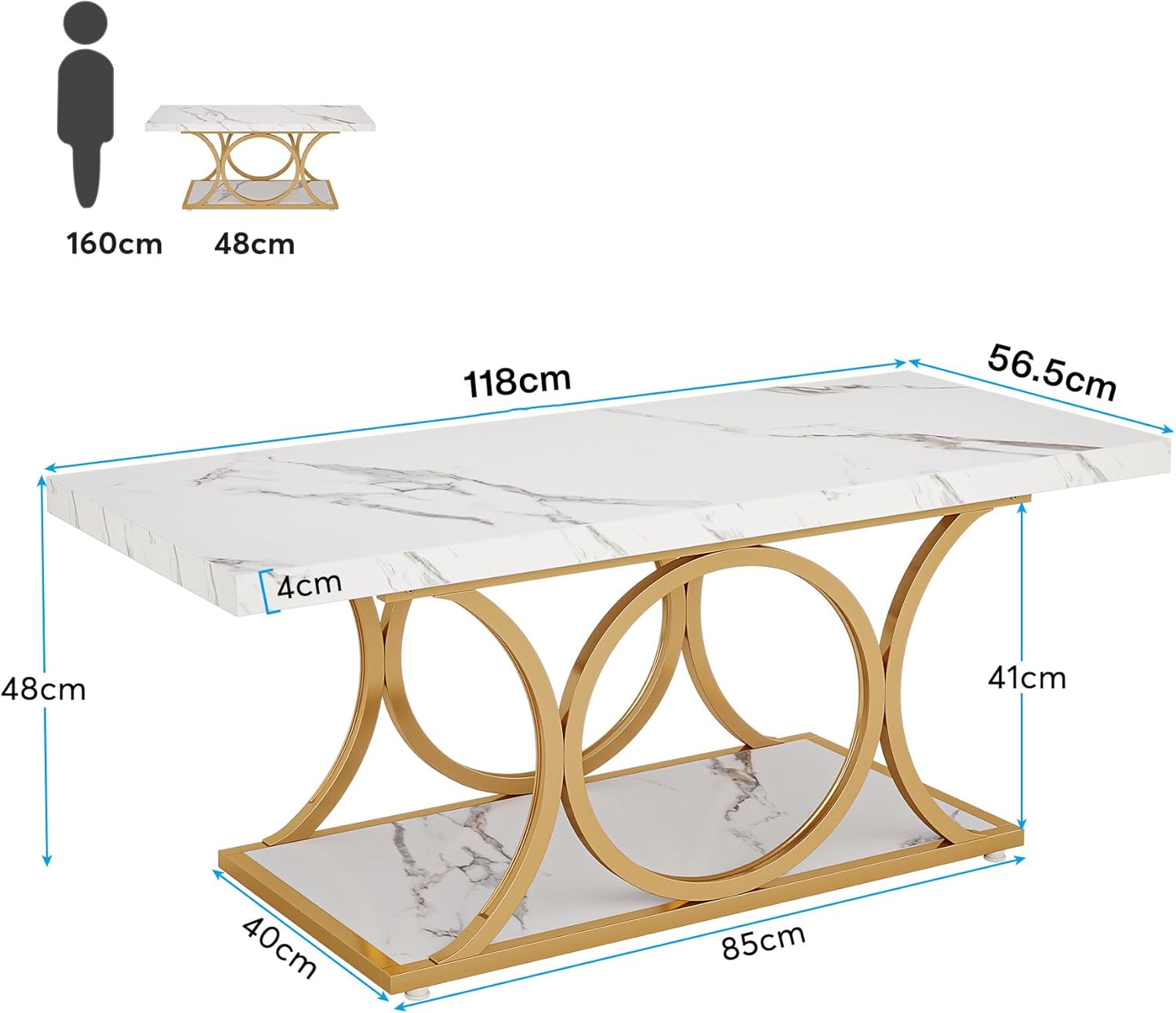 Tribesigns 46.45” Rectangle Coffee Table, Modern Coffee Tables for Living Room, 2-Tier Faux Marble Wood Coffee Table with Geometric Legs, Furniture with Storage Shelf (White & Gold)