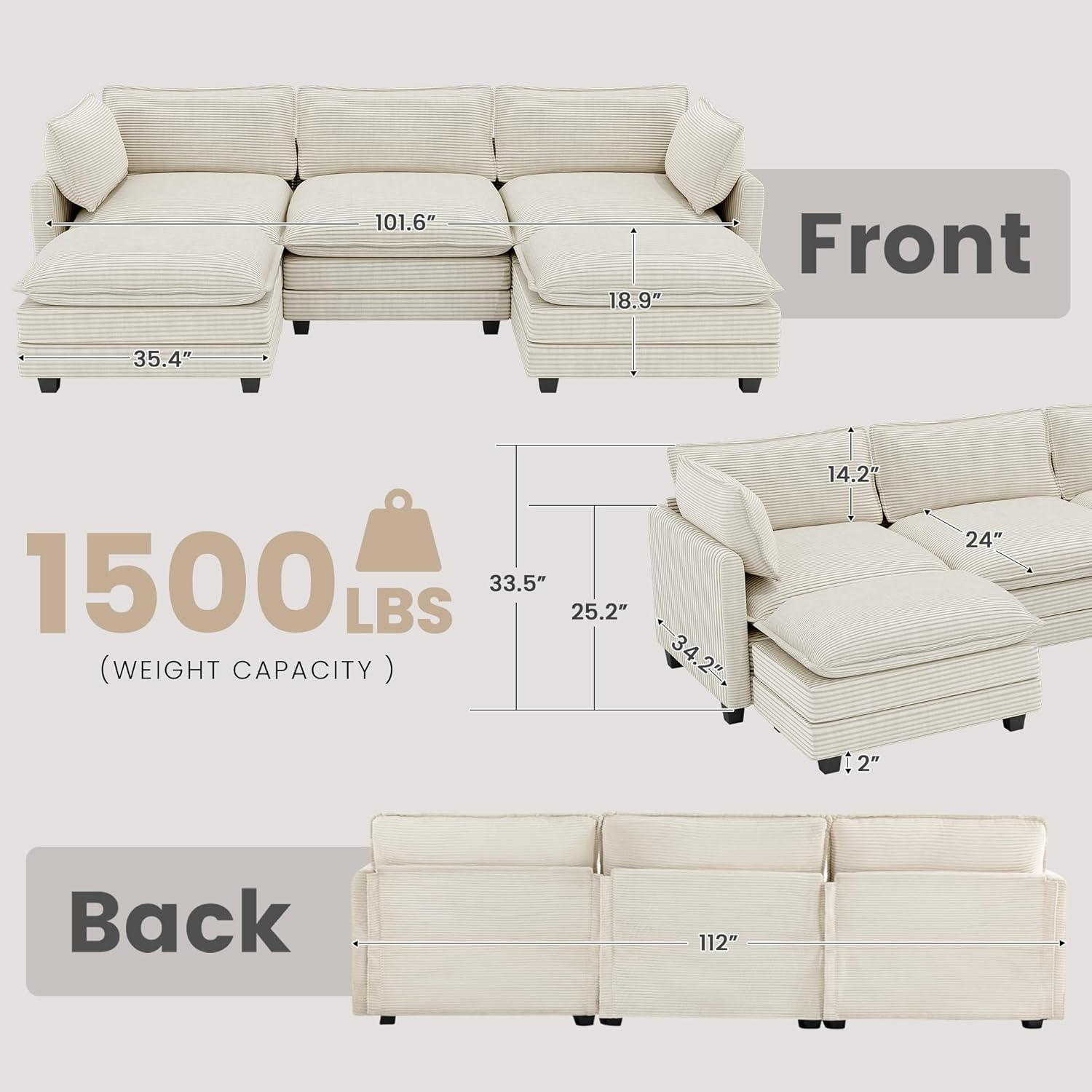 112'' Sectional Modular Cloud Couch, Oversized 5 Seat Couches U Shaped Sofa with 2 Movable Ottomans, 2 Throw Pillows, Upholstered Corduroy U Shape Comfy Deep Couches for Living Room and Office, Beige
