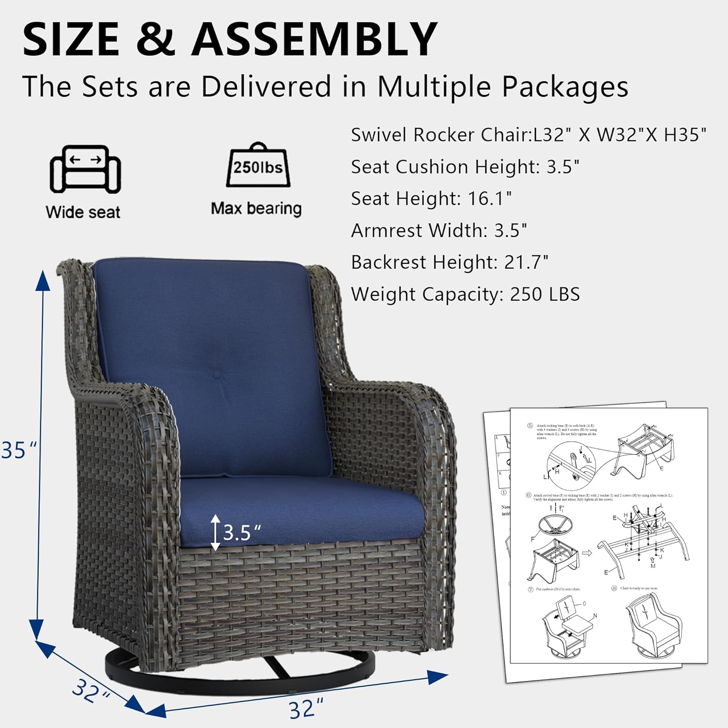 Outdoor Swivel Rocker Patio Chairs Set of 2 - Outdoor Wicker Swivel Glider Chairs 2 Pieces with Olefin Fabric Cushions Suitable for Backyard Deck and Porch(Mixed Grey/Blue)