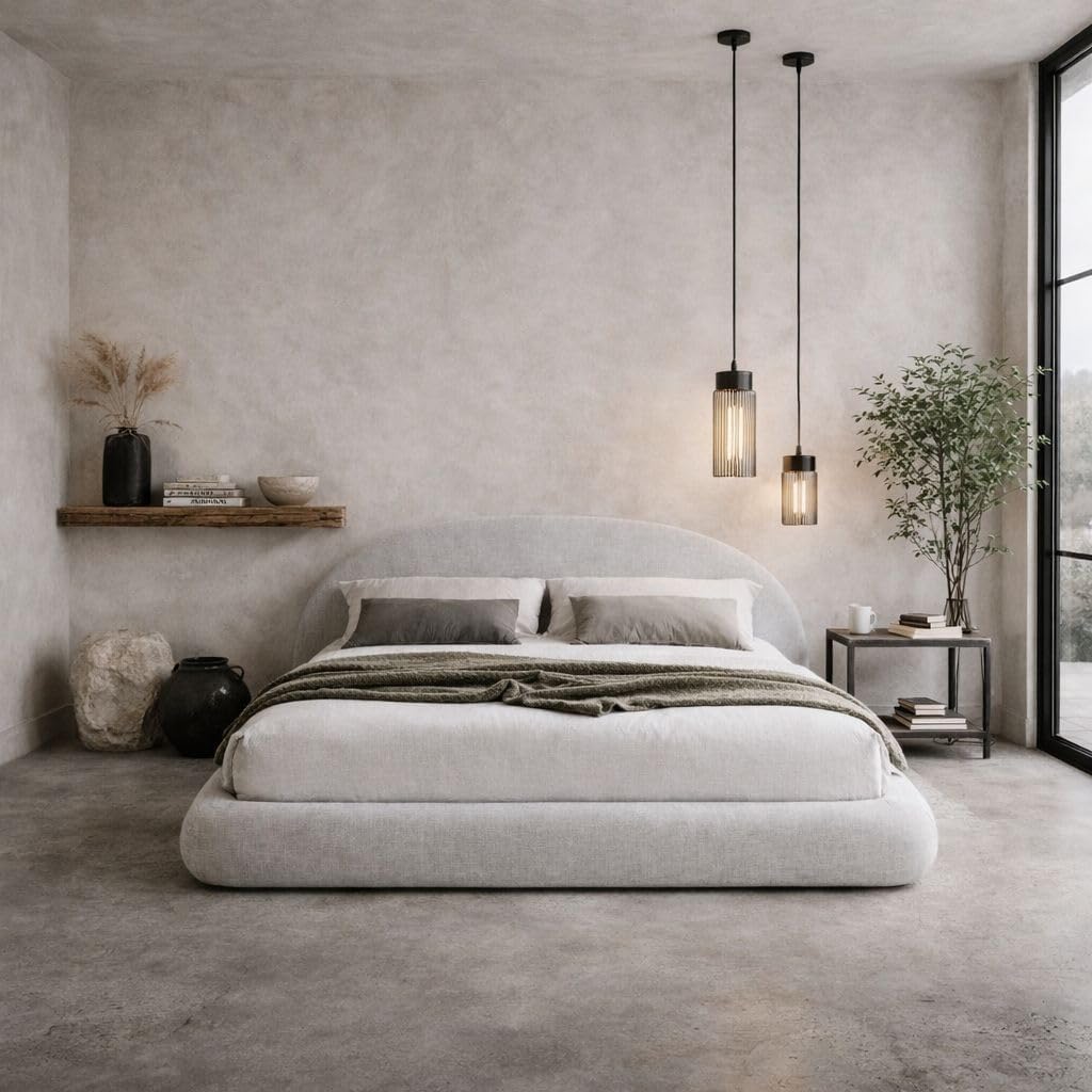 Round Bed – Washable Cover - Soft Upholstered Linen - Minimalist Modern - Half Circle Moon - Sold Separately (Gray Linen, King Headboard)