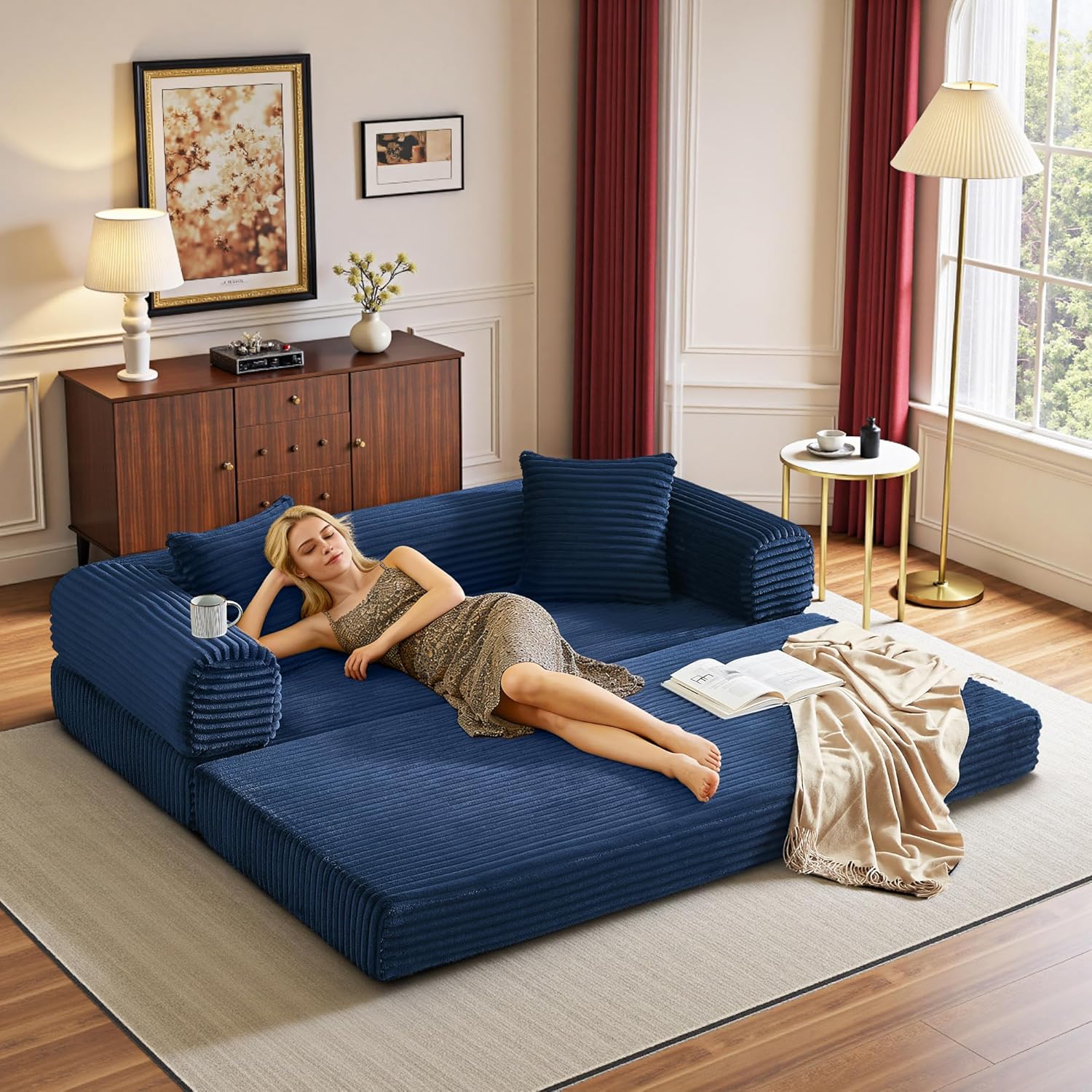 Boneless Couch Versatile Couches for Living Room No-Install Sofa Bed Corduroy Futon Soft Cloud Couch with Pillows for Bedroom Game Movie (Dark Blue, 76