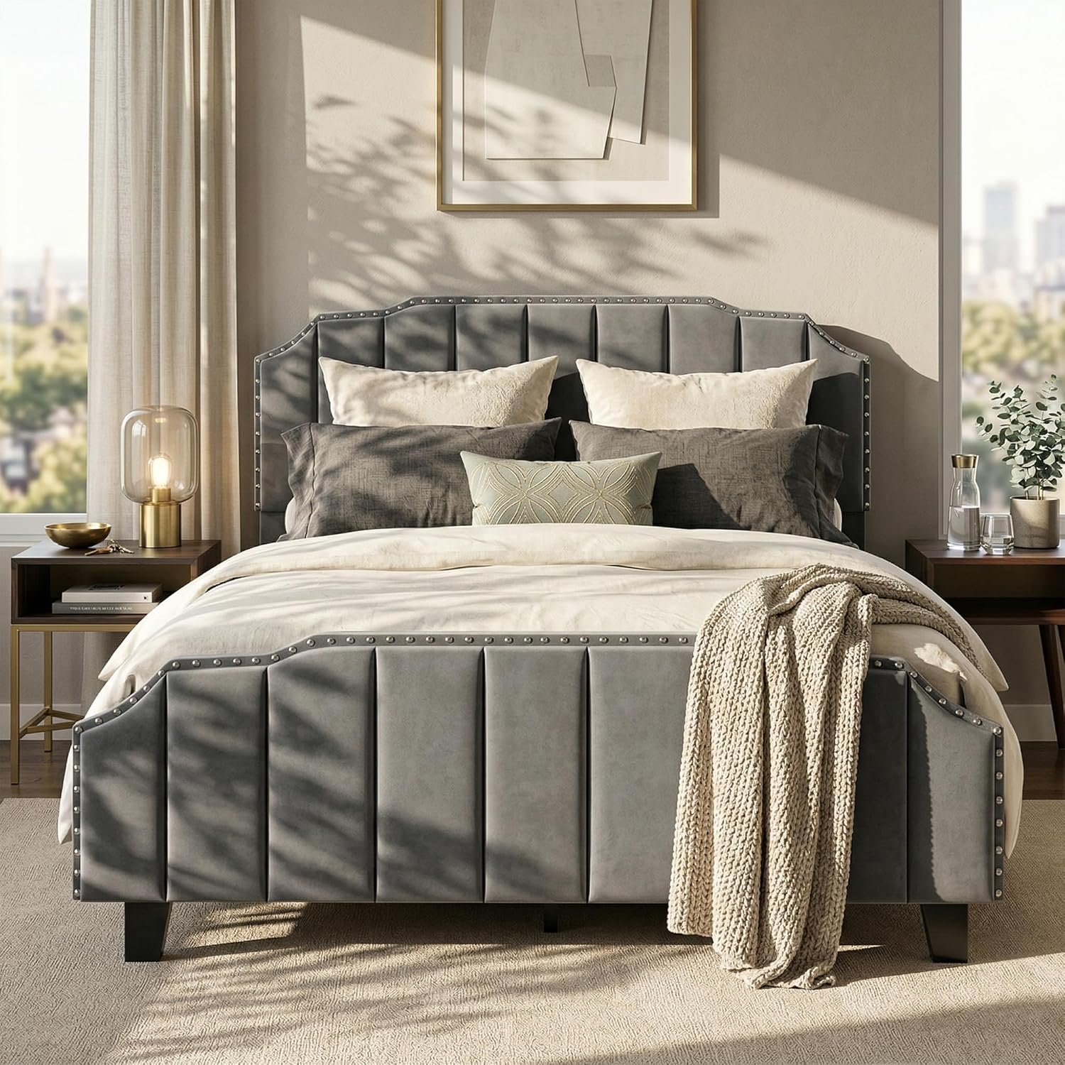 Queen Bed Frame Velvet with Headboard and Footboard, 46.8