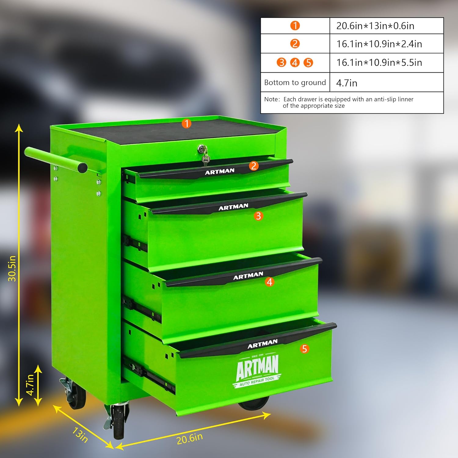 Iron-Top Rolling Tool Chest with Lockable Wheels and Side Handles, 7-Drawer Tool Storage Cabinet with Ball Bearing for Garage, Repair Shop, Required Assembly, Large Storage Capacity (Iron, 4-Green)