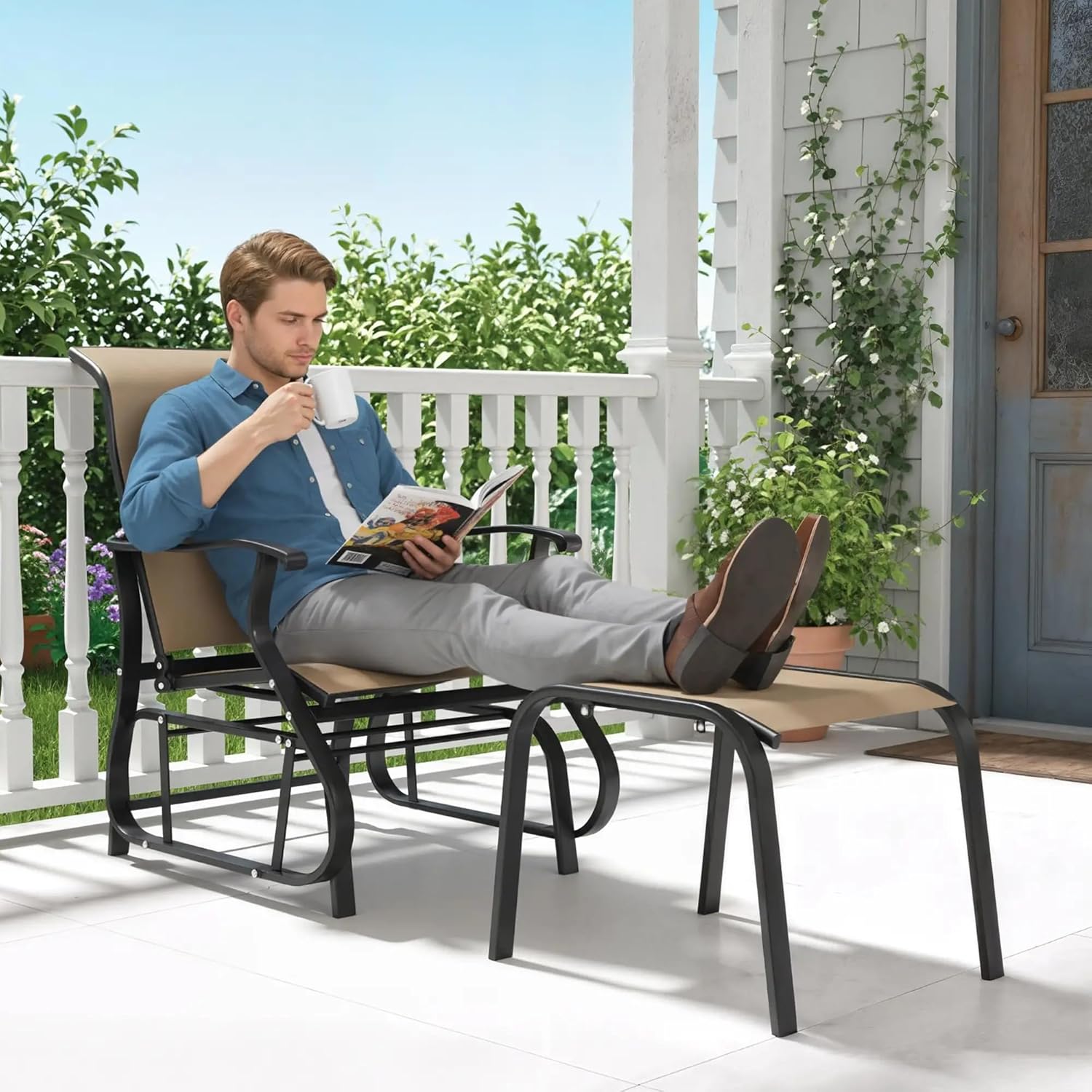Outdoor Glider Chair with Ottoman - 2-Piece Patio Seating Set, Steel Frame & Breathable Mesh, Adjustable Smooth Gliding Rocker for Garden, Lawn, Porch (Tan)