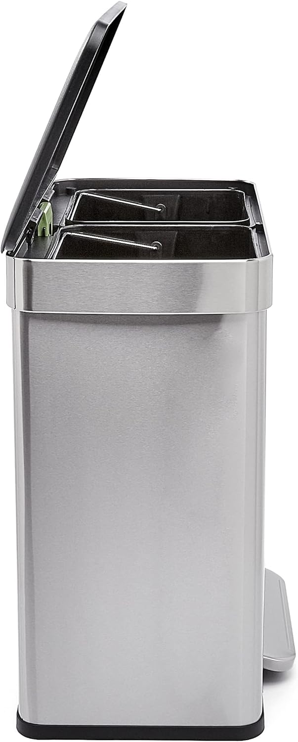 Amazon Basics Dual Compartment Recycling Trash Can with Soft-Close Lid, Fingerprint Resistant, Removable Liner Buckets, 60 Liters, Rectangular, Grey, Silver