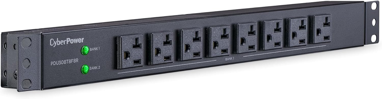 CyberPower PDU30BT8F8R Basic PDU, 100 – 125V/30A (Derated to 24A), 16 Outlets, 12 Foot Power Cord, 1U Rackmount