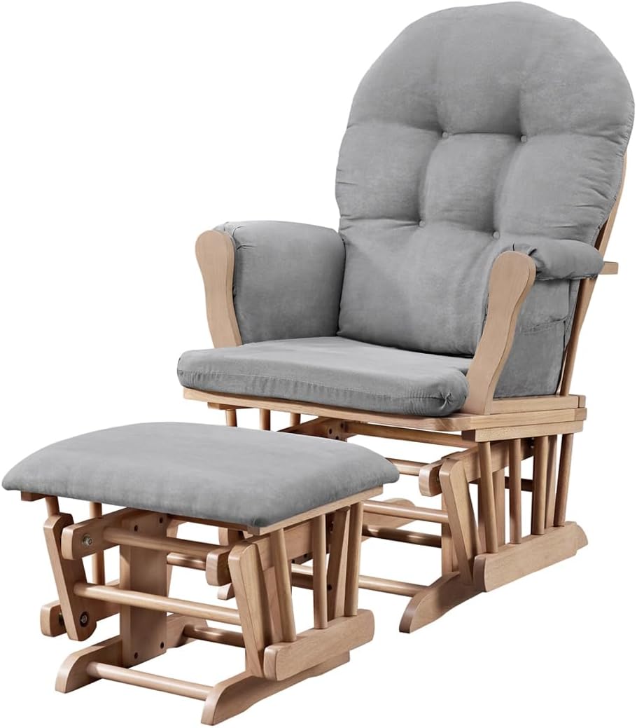 Angel Line Grayson Glider and Ottoman Set, Natural Wood with Gray Cushions, Enclosed Metal Bearings, Storage Pockets, Removable Cushions