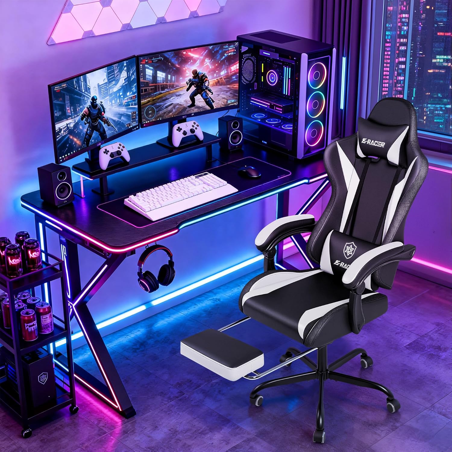 Homall Gaming Chair with Massage & Footrest, Ergonomic Computer Office Chair, High-Back Racing Style Reclining Chair with Adjustable Lumbar Support, PU Leather for Adults (White)