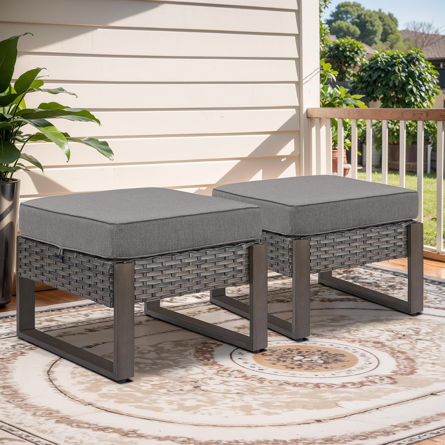 Belord Outdoor Ottomans for Patio - 250 LBS Weight Capacity Wicker Foot Rest Set of 2 with Woodgrain Lacquered Metal Frame Multipurpose Outdoor Foot Stool for Porch Balcony Backyard (Grey/Grey)