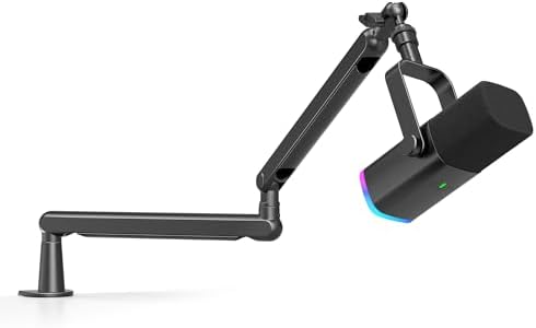 FIFINE Gaming Microphone and Low Profile Arm Stand Bundle, XLR/USB Dynamic Mic with Mute Button, RGB Light, Desktop Stand, Adjustable Boom Arm Kit with Screw Adapter for Streaming Studio (AM8+BM88)