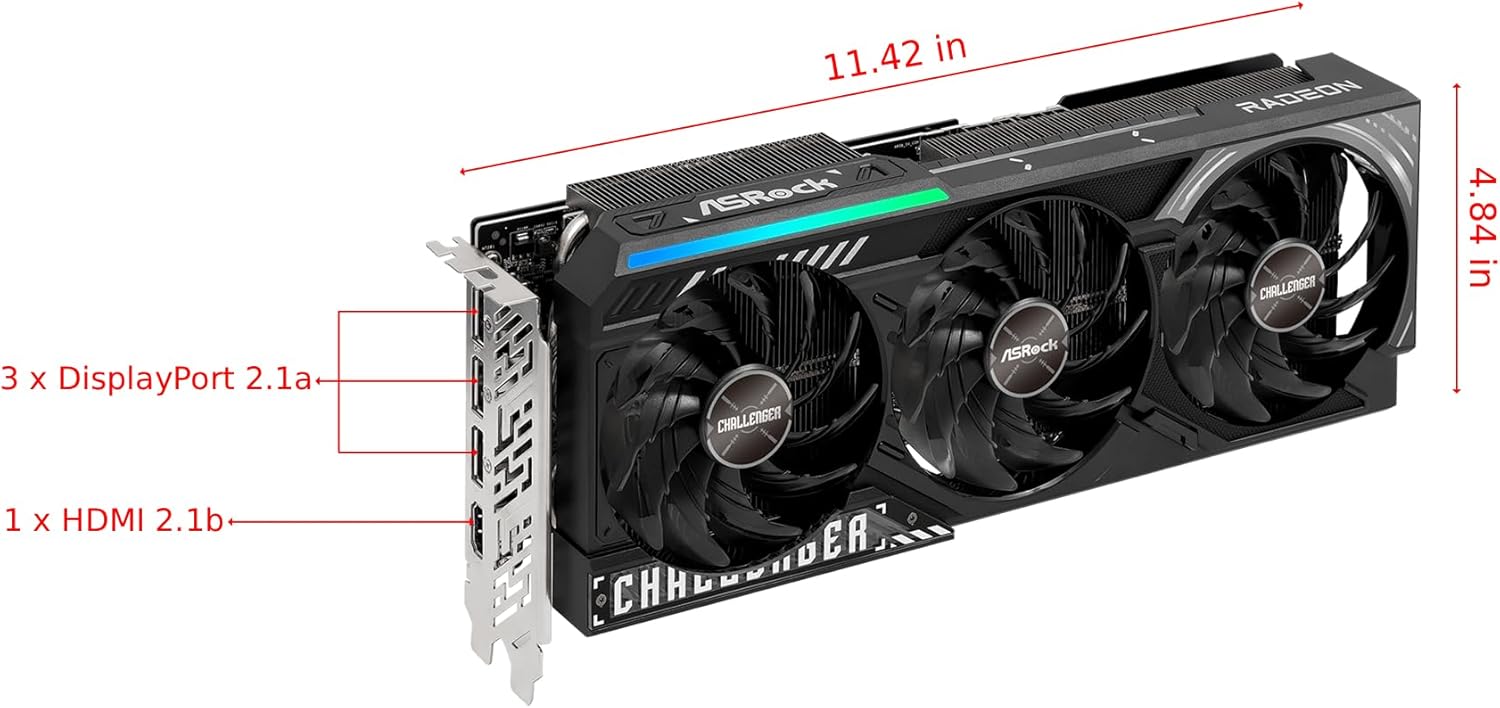 ASRock Radeon RX 9070 XT Challenger 16GB OC Graphics Card - AMD RDNA 4 Architecture, 2970 MHz Boost Clock, 16GB GDDR6, PCIe 5.0, DisplayPort 2.1a, HDMI 2.1b, Triple Fan Cooling 800W