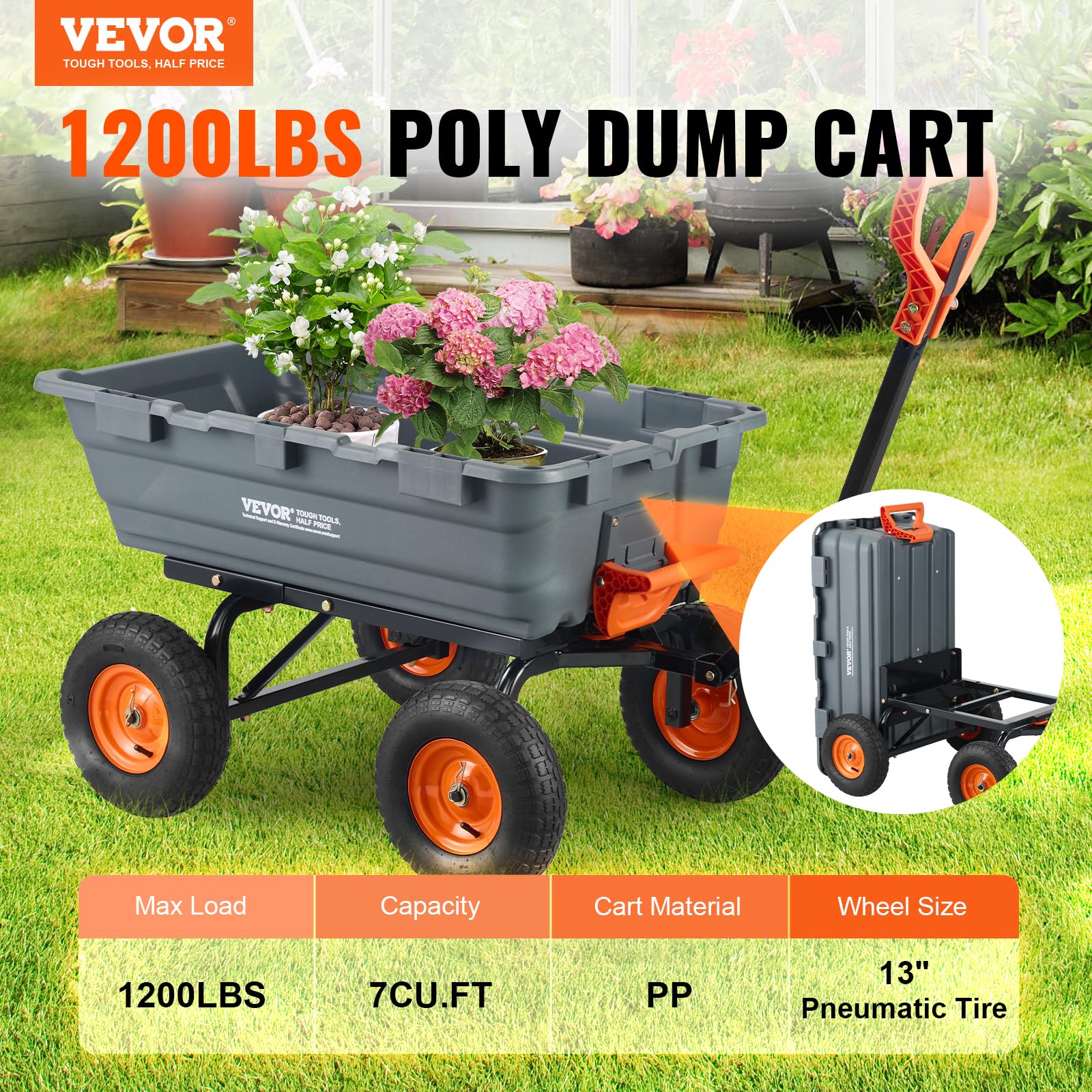 VEVOR 1200lbs Garden Dump Cart with 2-in-1 Handle