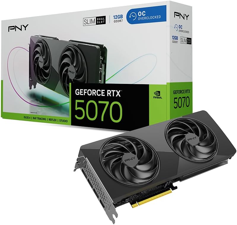 PNY NVIDIA GeForce RTX™ 5070 Slim Dual-Fan, Dual-Slot OC Graphics Card (12GB GDDR7, SFF-Ready, 192-bit, Boost Speed: 2587 MHz, PCIe® 5.0, HDMI®/DP 2.1, NVIDIA Blackwell Architecture, DLSS 4.5)