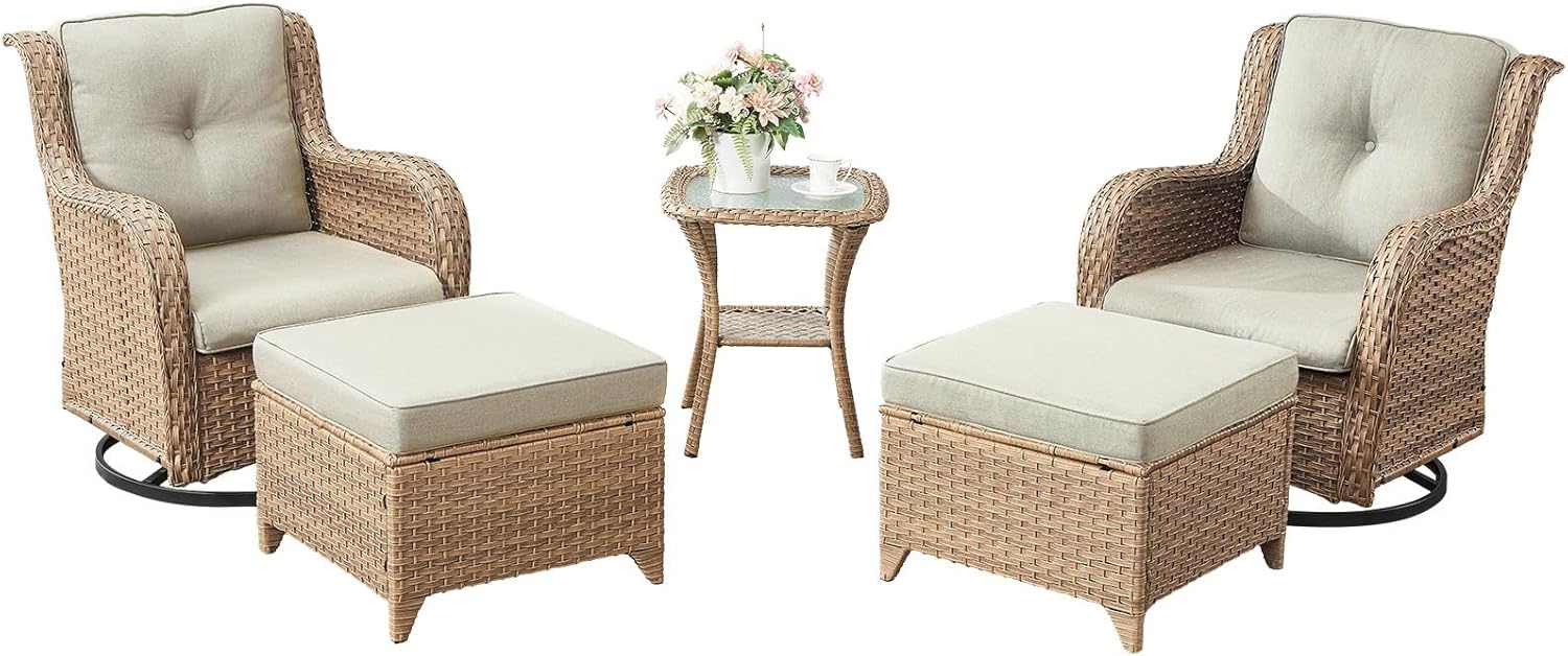 5 Piece Patio Swivel Rocker Furniture Set: Outdoor Swivel Glider Wicker Chairs with Ottomans Side Table, All Weather Outdoor Furniture Rocking Seating Set for Porch Balcony Garden, Yellow