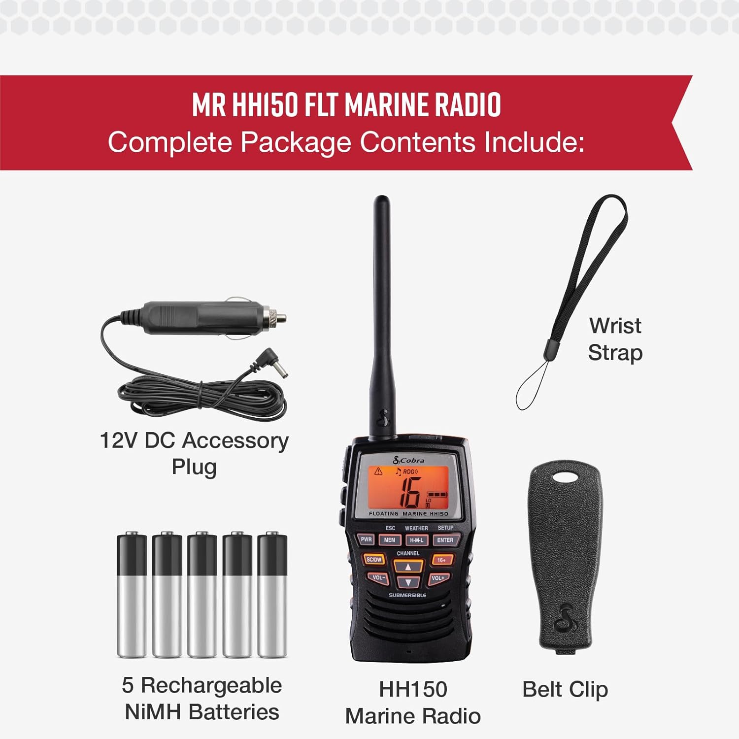 Cobra VHF Marine Radio - MR HH150 FLT - 3 Watt, Floating, Long Range, Handheld, NOAA, International, Waterproof, Submersible, Weather Alerts, LCD Screen, Belt Clip
