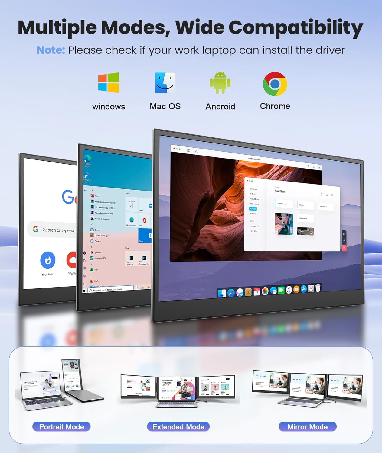 One Cable Laptop Screen Extender, 15.6” Ultra-Slim Triple Portable Monitor, 1080P FHD IPS Display, USB-C/USB-A Connection, Travel Monitor for 13–17.3