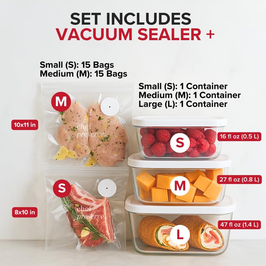CHEF PRESERVE Compact Vacuum Sealer Machine with Reusable Bags
