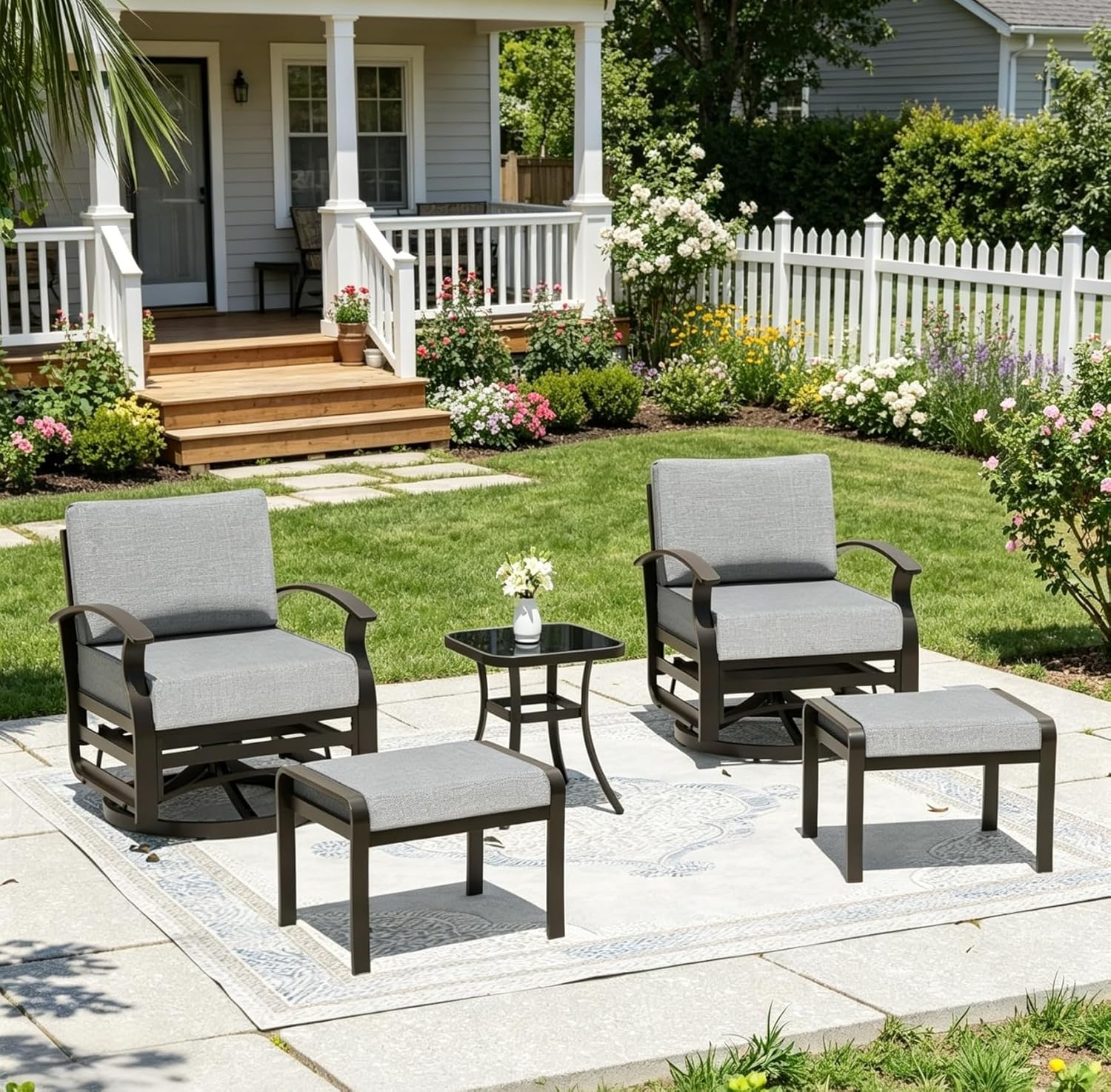 5 Piece Aluminum Swivel Rocking Chair Set, Outdoor Patio Swivel Gliders Chair with Coffee Table and Ottomans, Conversation Furniture Set Suitable for Patio, Lawn, Outdoor, Back Garden(Gray)