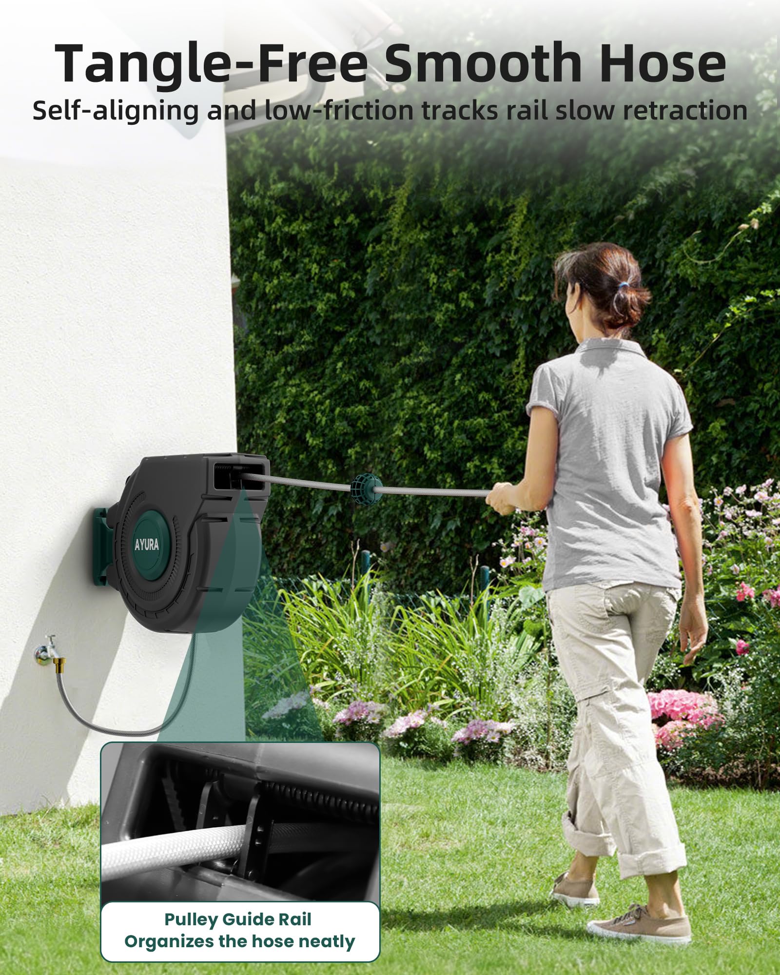 AYURA Retractable Garden Hose Reel 100ft - Heavy Duty