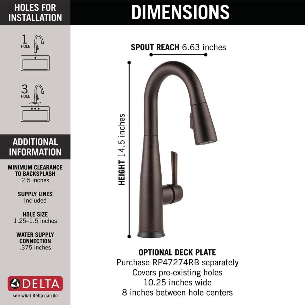 Delta Essa Oil Rubbed Bronze Bar Sink Faucet with Pull Down Sprayer, Modern Single Hole Prep Sink Faucet, Single Handle, Venetian Bronze 9913-RB-DST