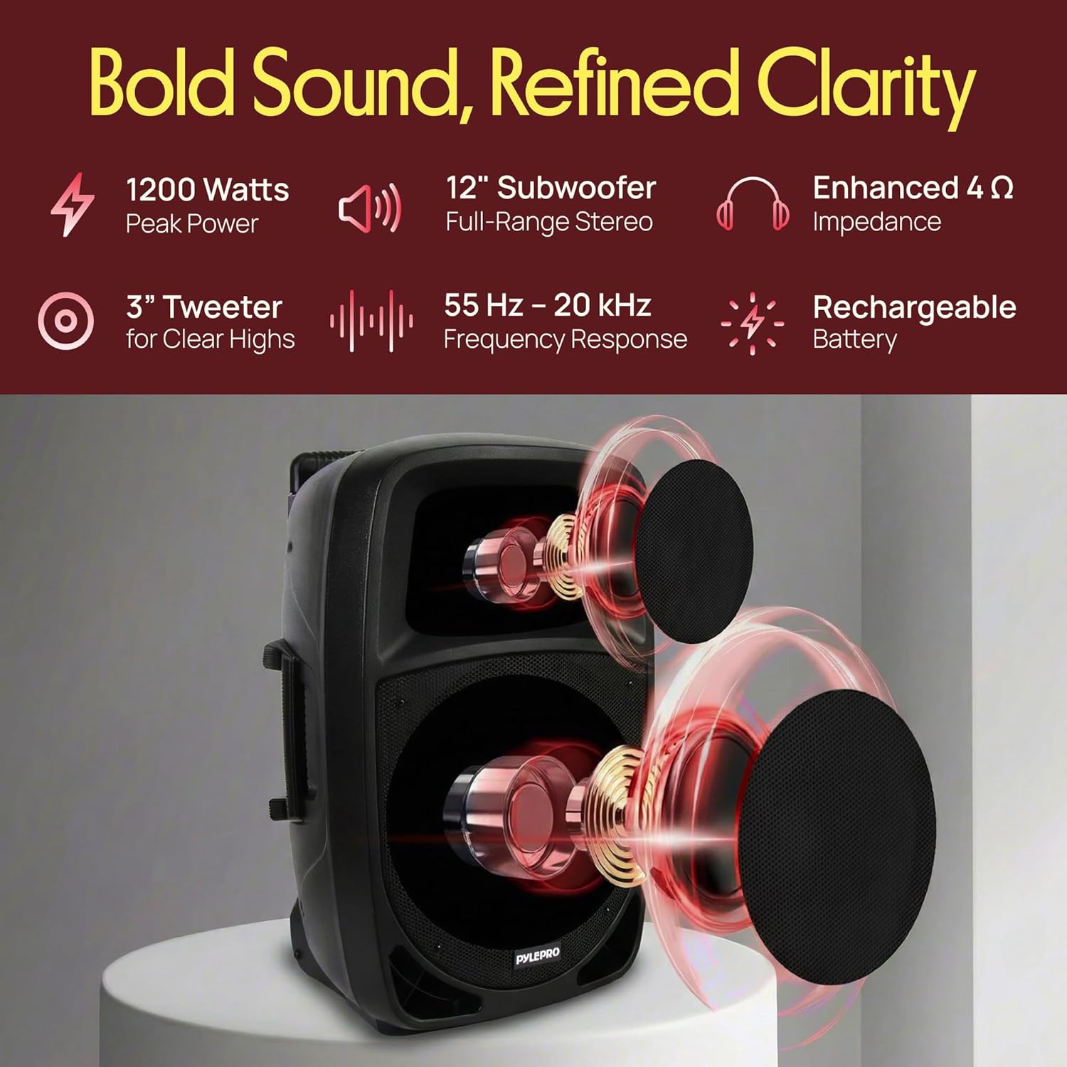 1200W Portable Bluetooth PA Speaker - 12'' Subwoofer, LED Battery Indicator Lights w/Built-in Rechargeable Battery, MP3/USB/SD Card Reader, and UHF Wireless Microphone - Pyle PSBT125A