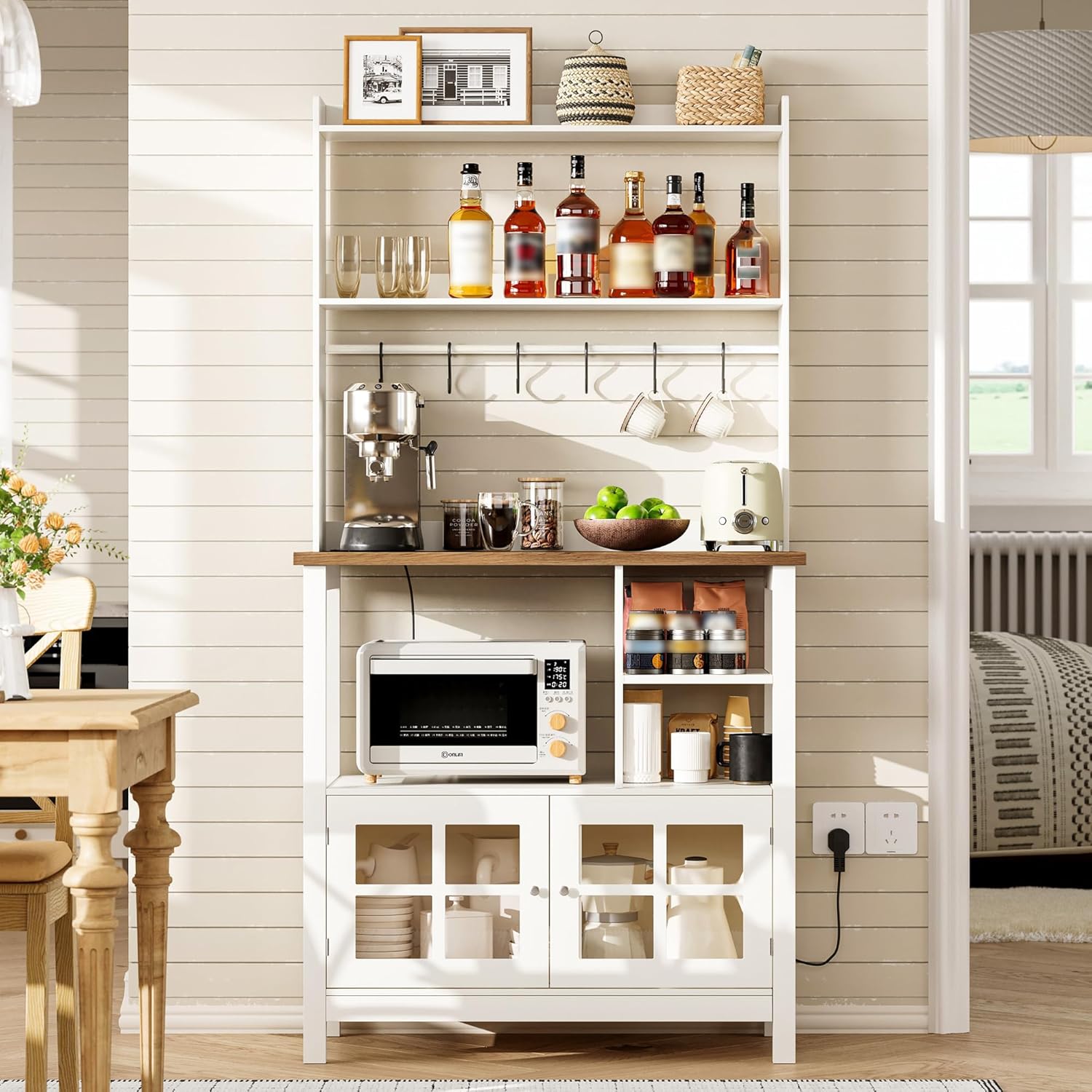 ChooChoo Farmhouse Bakers Rack with Power Outlets and Storage, Coffee Bar Cabinet with Storage, Microwave Stand Kitchen Cabinet with Hutch and 6 Hooks, Soft White & Brown