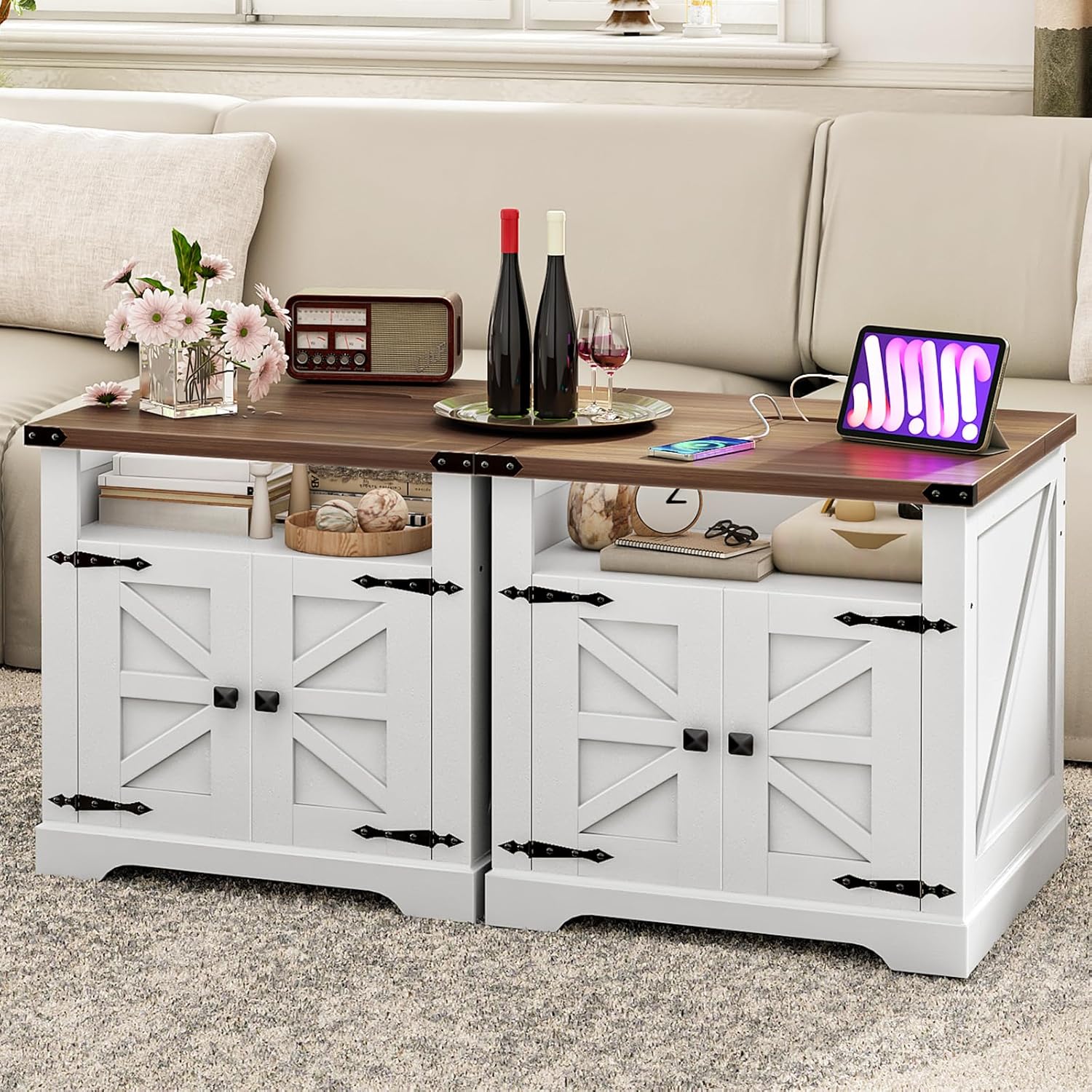 HOOBRO Farmhouse End Tables Set of 2 with Charging Station, 23.6