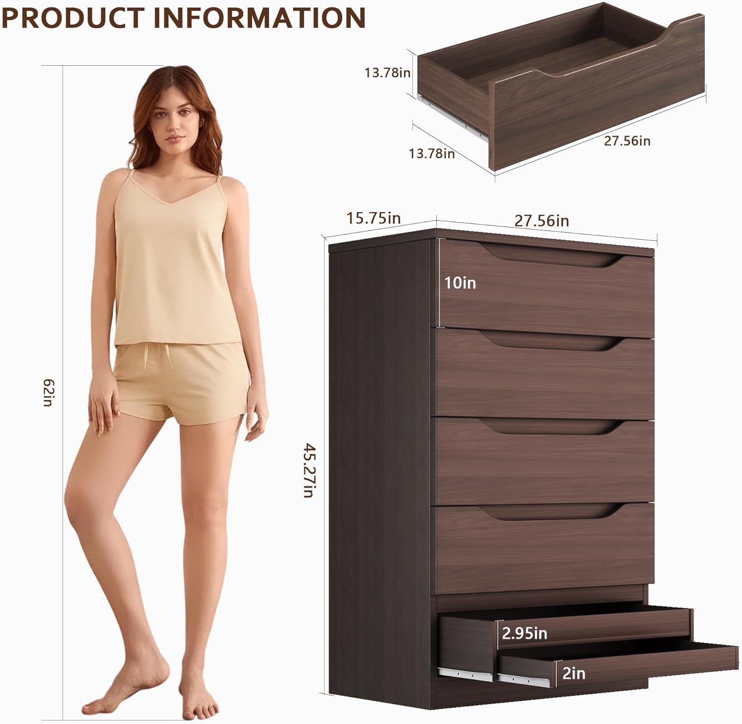 Brown Tall 5 Drawer Dresser for Bedroom with Hidden Storage Design, Large Modern Closet Dressers & Chests of Drawers with Cut-Out Handles, 27.6