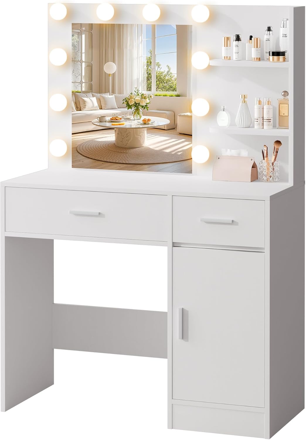 LIVELYGLOW White Makeup Vanity with 10 Hollywood Light Bulbs, 35.4