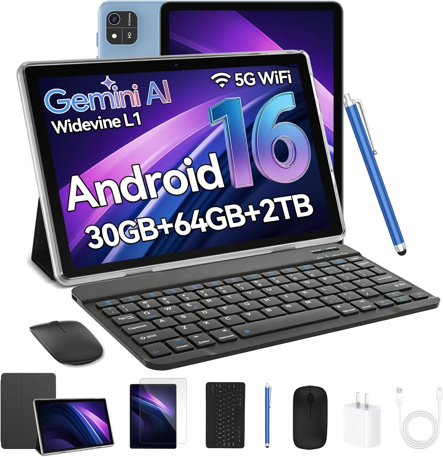 Android 16 Tablet, 10 Inch Tablets with Keyboard, Octa-Core CPU, 2 in 1 Tablet with Gemini AI, Face Unlock, 18W Fast Charger, 30GB+64GB+2TB Expand, 5G WiFi, Tablets PC with Case, Mouse, Stylus (Blue)