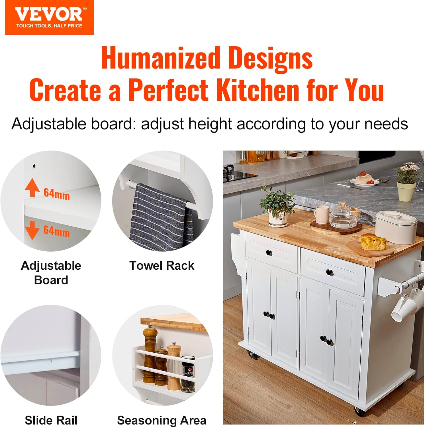 VEVOR Kitchen Island Cart with Solid Wood Top, 35.4