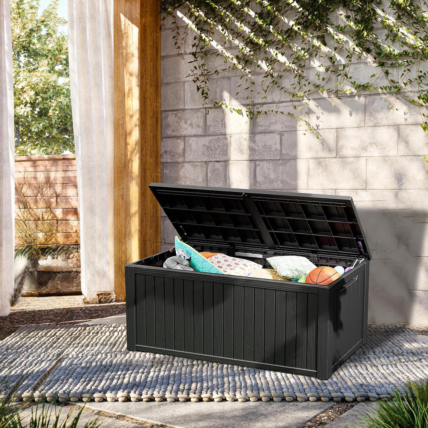 TARKARI 270 Gallon Resin Deck Box, Waterproof Outdoor Storage Box, Lockable for Patio Furniture, Garden Tools, Pool Accessories, UV-Resistant for All Weather Use, Black