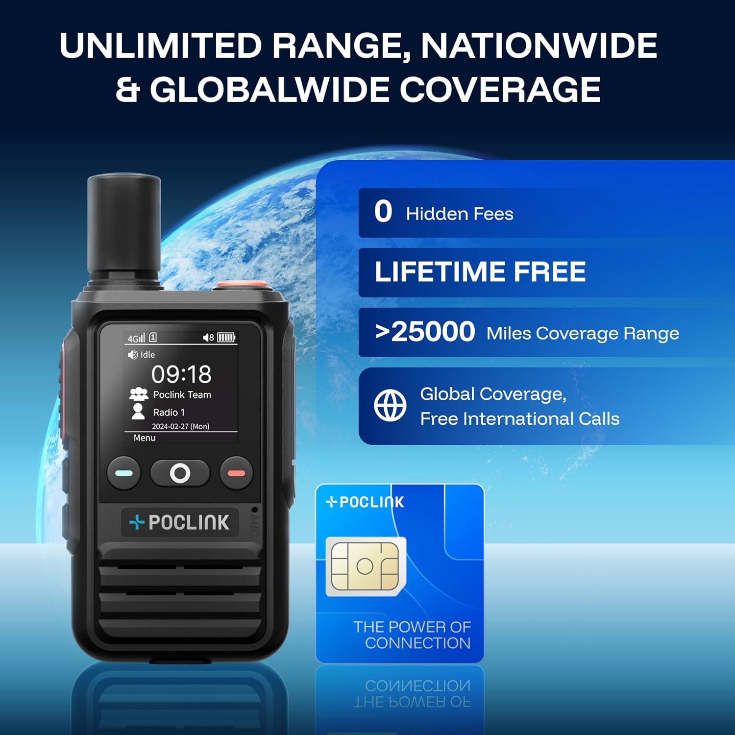 Lifetime Free Global Walkie Talkies Long Range, POC-1 Lite, 4G LTE Unlimited Range POC Two-Way Radios with Bluetooth & APP, 3000mAh Rechargeable Walkie Talkies, Support User Self-Group Creation