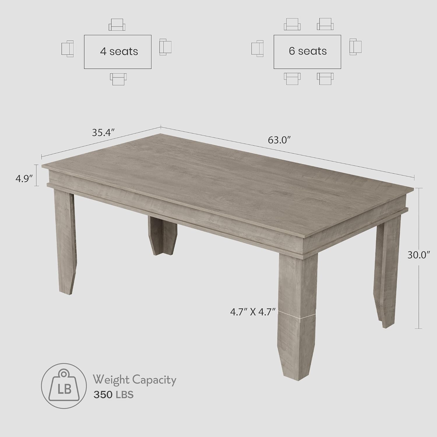 GarveeHome Farmhouse Dining Table for 4-6 People, 63 in Long Kitchen Tables with Wooden Sturdy Frame, 5 ft Large Rectangular Dinner Table for Dining Room, Kitchen, Grey, 63