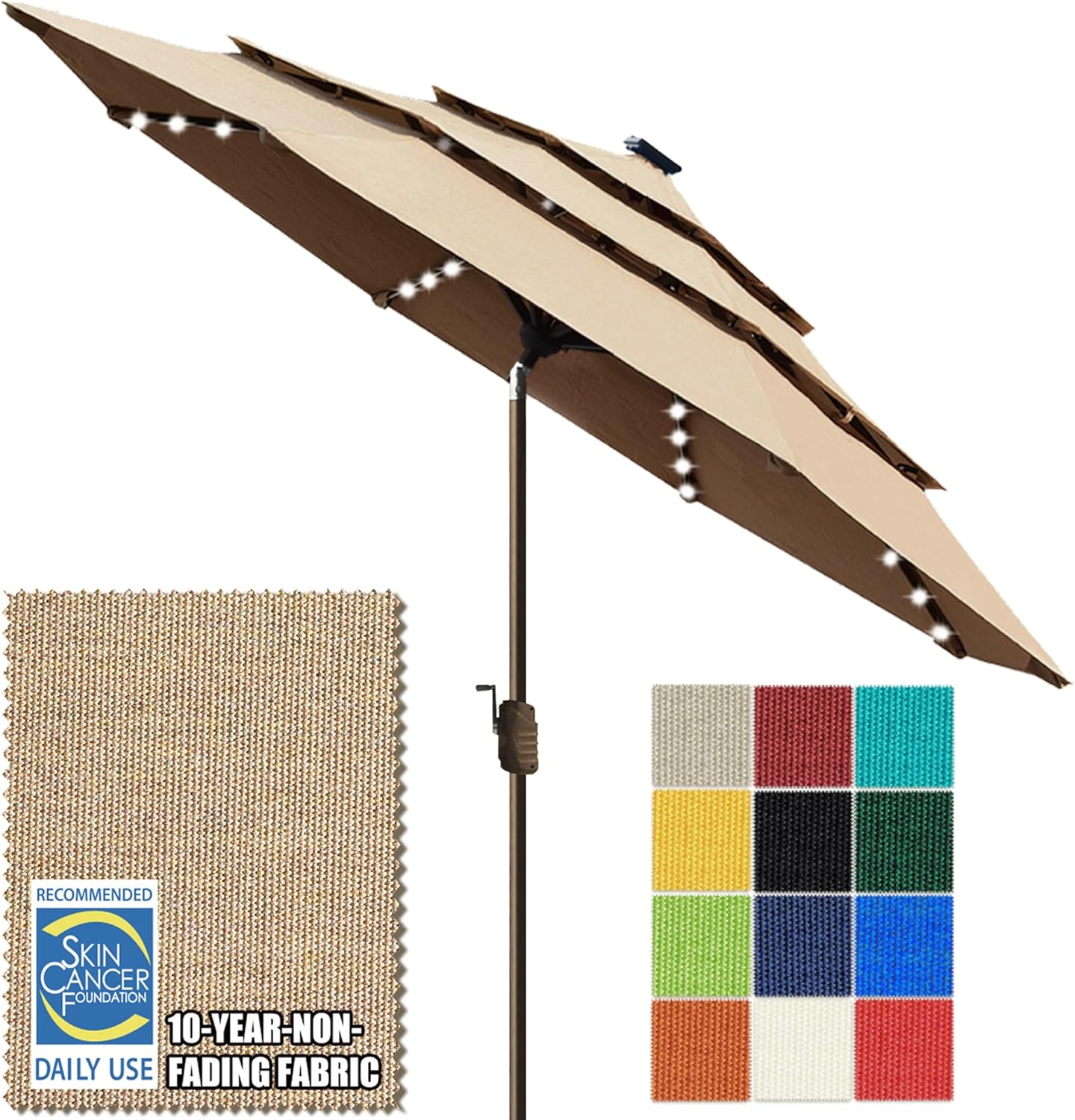 EliteShade USA 10-Year-Non-Fading 10ft 3-Tier Market Patio Umbrella, Commercial Table Umbrella with 80 Solar LED Lights, Crank Open, Windproof & UPF 50+ UV Protection for Garden, Deck, Pool, Backyard, Heather Beige